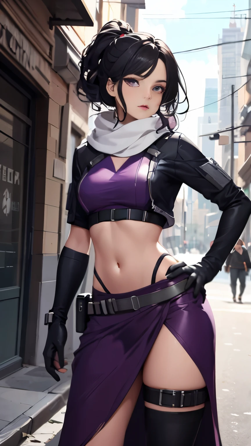 (Highly quality, masterpiece, detailed), city detailed scenario, city detailed background, solo, kateb2023, 1girl, purple outfit, purple top, white scarf, black hair, bare arm, tactical, utility belt, purple glove, archer, bare midriff, half skirt, navel, perfect face, beautiful eyes, look at the viewer, Sexy pose