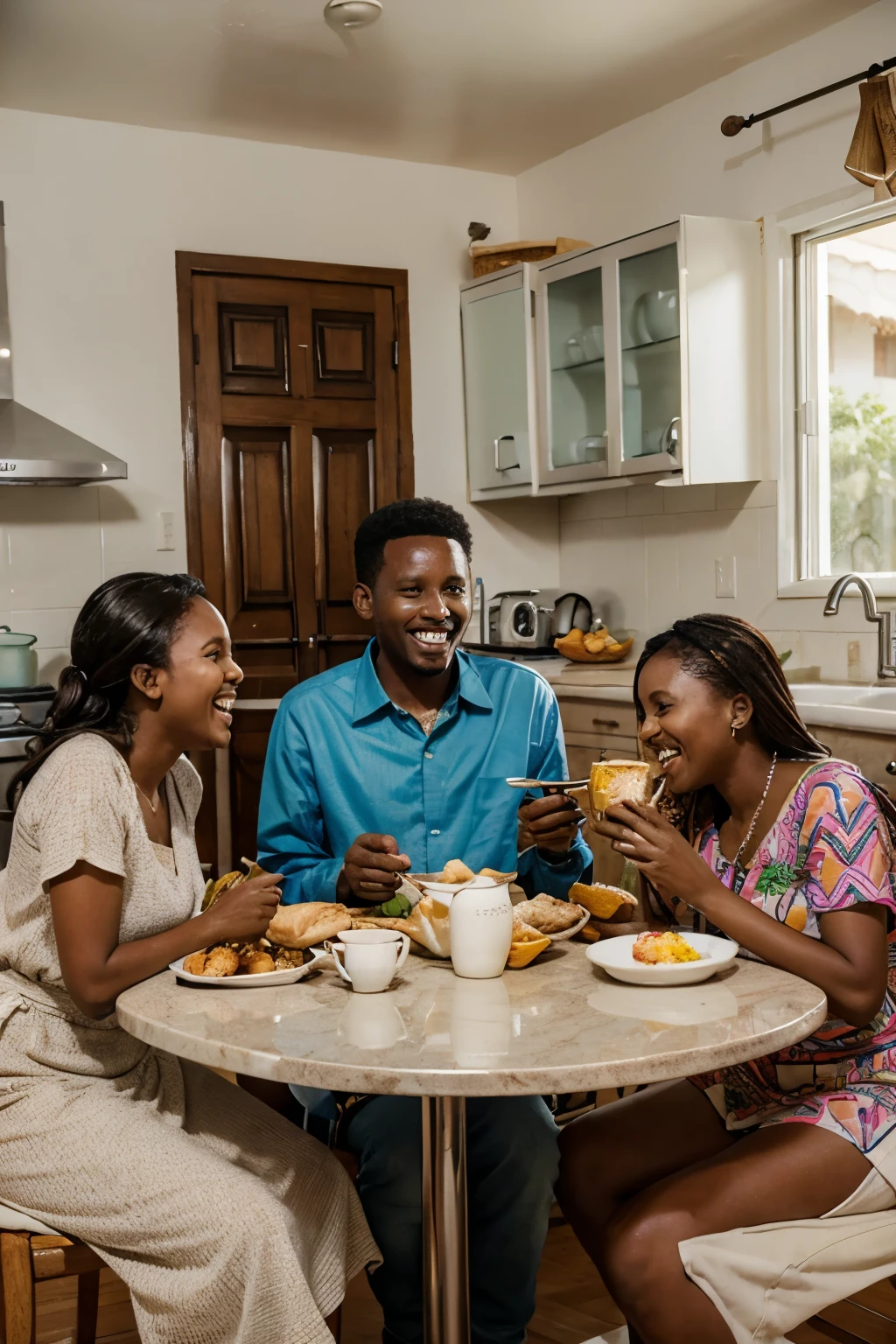 Somali family sitting at a breakfast table, laughing and enjoying their food. The kitchen is clean and bright.