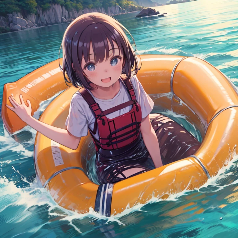 masterpiece, highest quality、Medium wide shot、1. A girl with beautiful eyes、laughing、Rafting、Rafting、