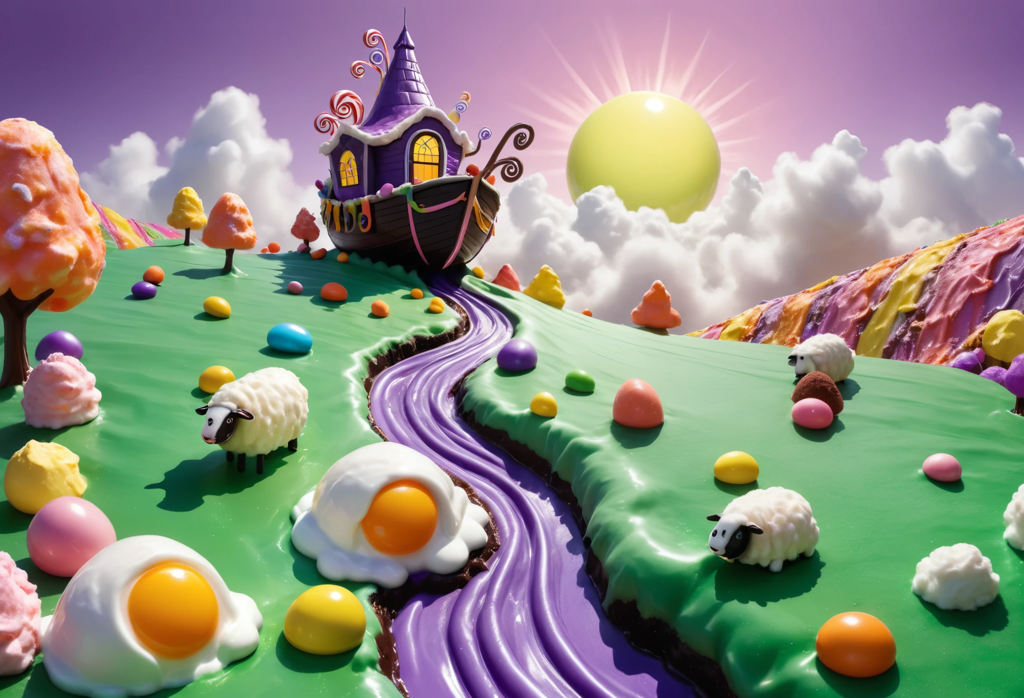 
(Masterpiece, 8k, 16k, uhd, best quality, fantasy illustration, epic imagination, children's dream candyland), a man made of liquorice is rowing a marzipan boat down a chocolate river that flows between purple marshmallow hills, sheep made of fluffy candyfloss with m&m eyes graze on green sugar straw grass, a candy fried egg sun shines down on the scene. Willy wonka imagination, perfect dream, candyland perfection, made by god himself, edible fantasy, every 's wish.
