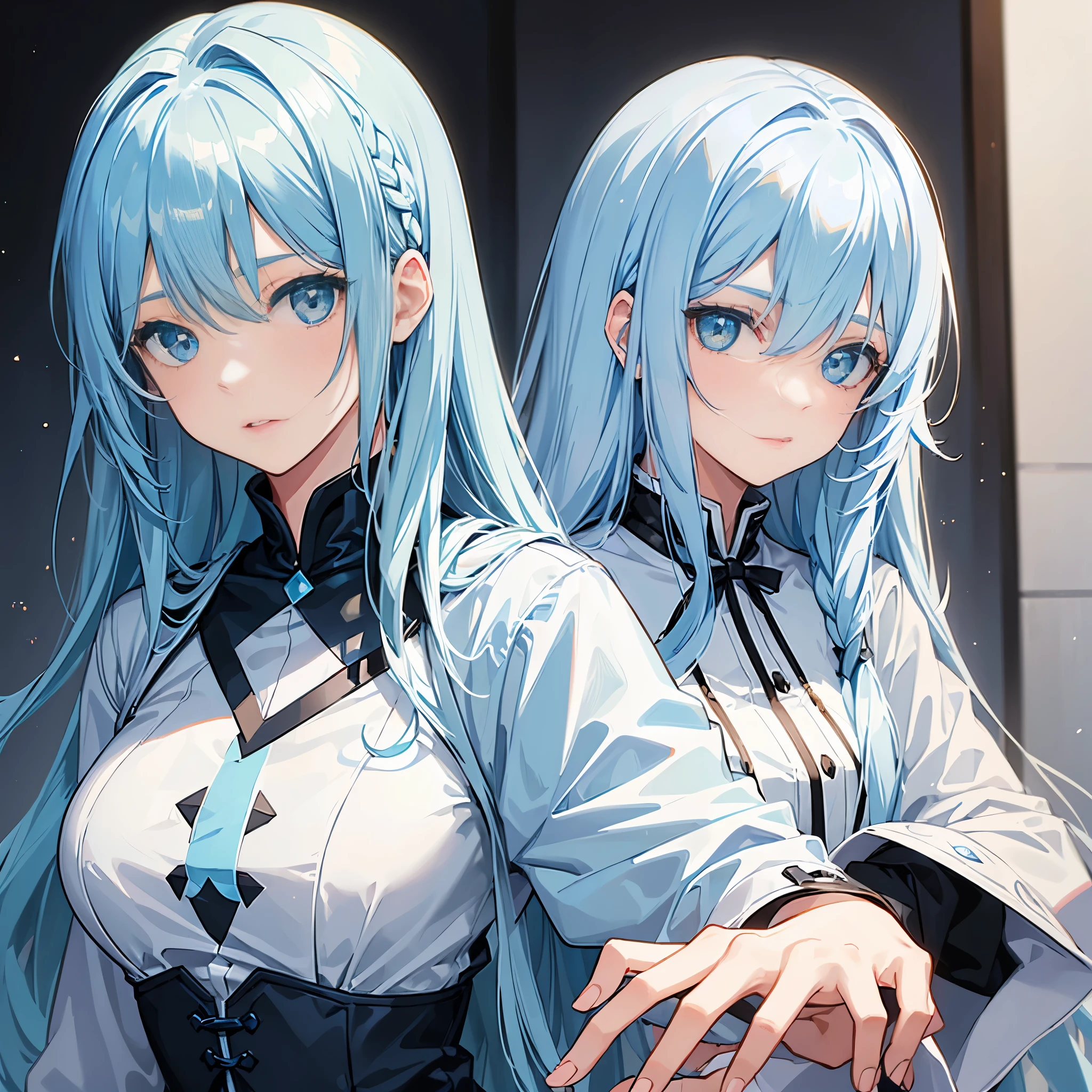 ((a girl)), light blue hair, grey eyes, ((portrait)), ((long hair)), ((magician))