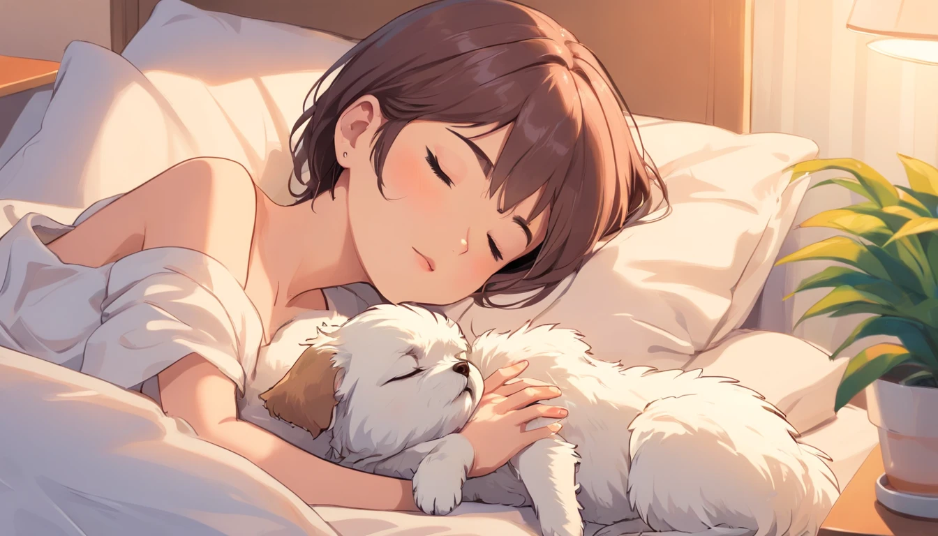 sticker, Girl sleeping with two small Maltese puppies, drooping ears, Teacup puppy size, overview, vector, white outline, bed