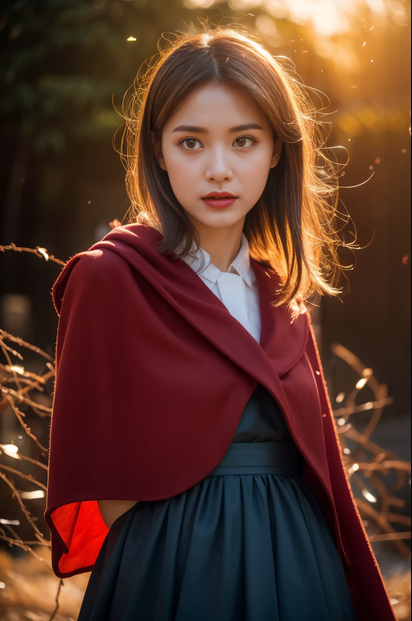 RAW photo, full sharp, (Full HD epic wallpaper) 8K UHD, Digital SLR, Soft lighting, High quality, filmgrain, Fujifilm XT3, hiqcgbody, (1 person, Kizi:1.2),Focus above the thighs, Broken glass effect, Vivid yellow flame, Ethereal sparks, vulnerable, Red eyes, Long gray hair,Wind,Fluttering head, buzz cut, Style - Gravity magic, Portrait, Looking down, Solo, , Detailed background, Detailed face, Pale complexion,(( ta costume)), redcloak, Cape, Hood, malicious expression, The scarlet symbol rotates in the air,(Floating fire particles, particle fx), Skylight color scheme, Huge red flame, the are In the background, Surrounded by a crimson mist, Sunset, symetrical composition, Epic atmosphere,