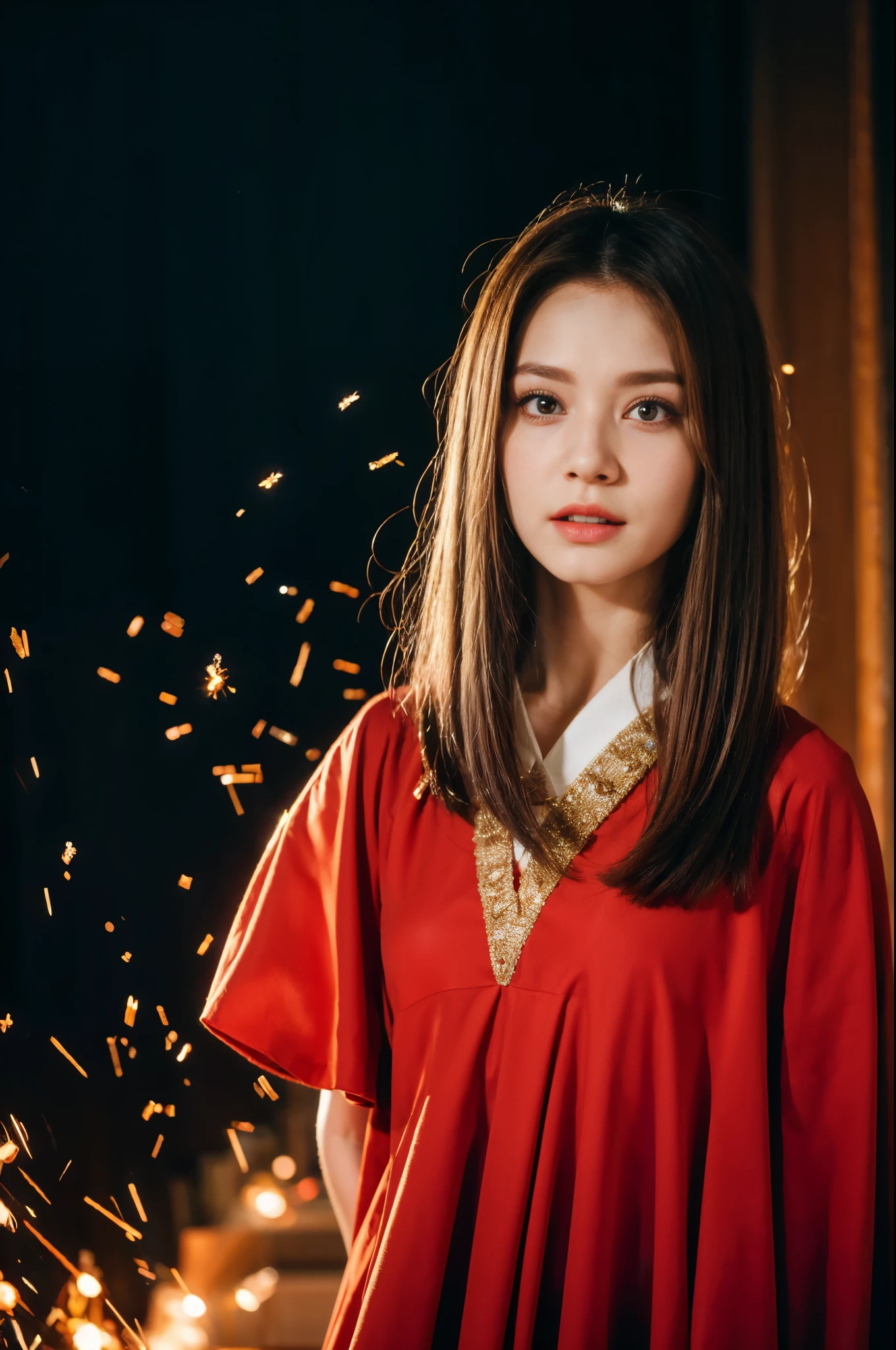 RAW photo, full sharp, (Full HD epic wallpaper) 8K  UHD, Digital SLR, Soft lighting, High quality, filmgrain, Fujifilm XT3, hiqcgbody, (1 person, Kizi:1.2),Focus above the thighs, Broken glass effect, Vivid yellow flame, Ethereal sparks, vulnerable, Red eyes, Long gray hair,Wind，Fluttering head， buzz cut, Style - Gravity magic, Portrait, Looking down, Solo, , Detailed background, Detailed face, Pale complexion,(( Lolita costume)), redcloak, Cape, Hood, malicious expression, The scarlet symbol rotates in the air,(Floating fire particles, particle fx), Skylight color scheme,  Huge red flame, the are In the background, Surrounded by a crimson mist, Sunset, symetrical composition, Epic atmosphere,