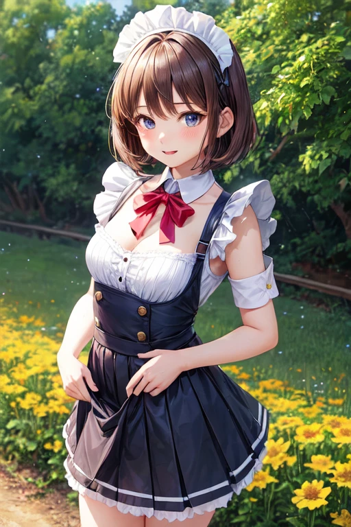 ((highest quality)), ((masterpiece)), (be familiar with), Perfect face maid outfit、Brown short hair、Height 160cm、chest is small、A plump anime girl lifts her skirt to show her underwear in front of a flower field.