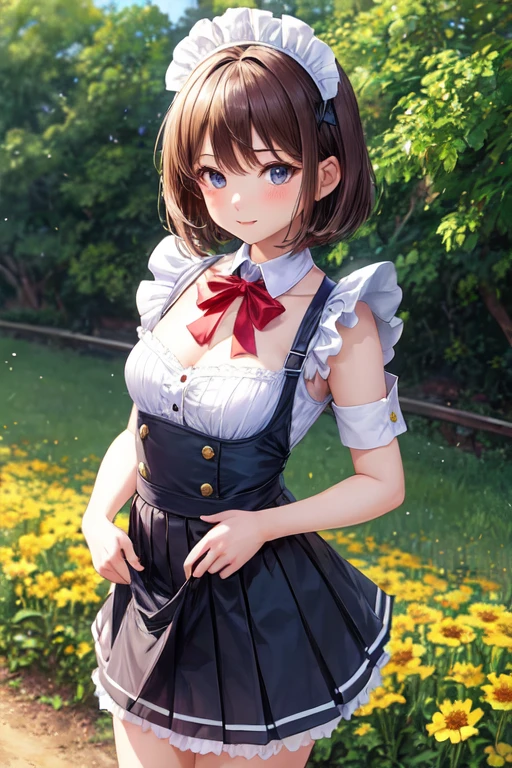 ((highest quality)), ((masterpiece)), (be familiar with), Perfect face maid outfit、Brown short hair、Height 160cm、chest is small、A plump anime girl lifts her skirt to show her underwear in front of a flower field.

