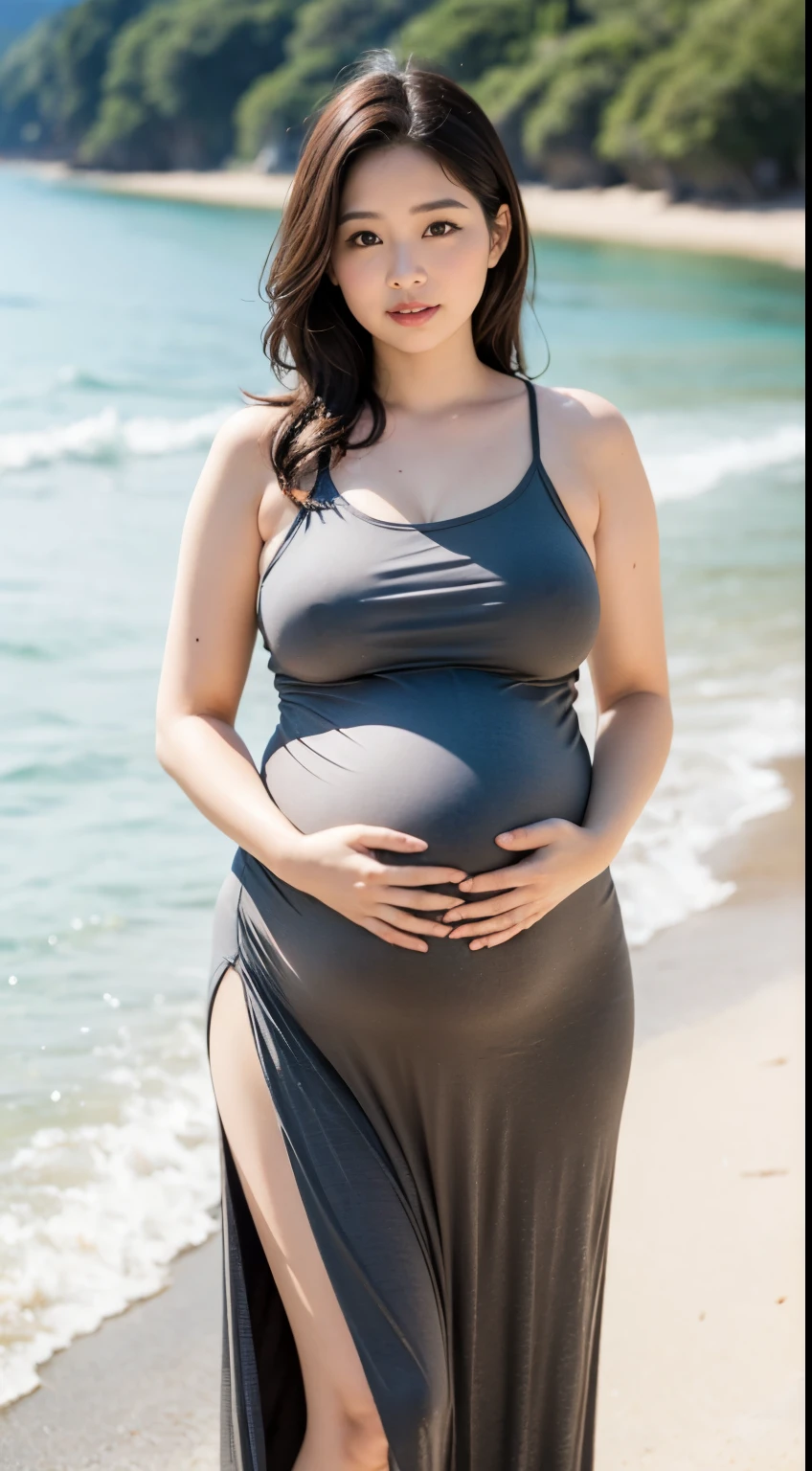 1 woman, 35 years old, middle-aged, fat face: 1.3, whole body, fat on the belly: 1.3, big belly: 1.3, huge pregnant, 40-weeks pregnant, overdue, obesity: 1.3, middle-aged women: 1.3, slightly chubby face: 1.3, beautiful woman, fat on the belly: 1.3, (wears dark brown hair), does not expose: 1.3, very fat: 1.3, fat, loose dress: 1.3, loose clothes, super detailed face, detailed eyes, double eyelids, blurred background, fat face, beach,full body,