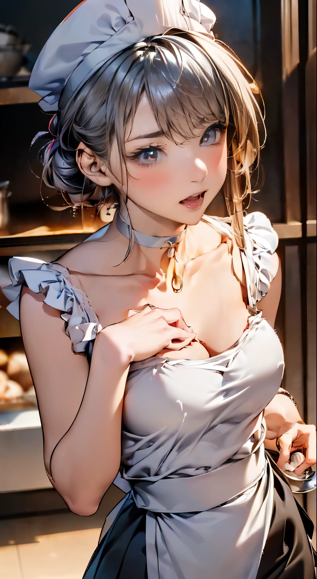 (masterpiece:1.2, highest quality), (realistic, photorealistic:1.4), beautiful illustrations,
looking at the viewer, whole body, Front view:0.6,
1 female, 20-year-old, Japanese, ((Silver hair chignon:1.5, 髪をchef hatに纏める:1.5)), thin waist、beautiful hair, beautiful face, beautiful and detailed eyes, (Glowing purple eyes:1.3), beautiful clavicle, beautiful body, beautiful breasts, beautiful thighs, beautiful feet, beautiful fingers, perfect anatomy:1.3, perfect anatomy
(kitchen:1.3)
((Pastry chef costume:1.5, chef hat:1.4, choker:1.6)),
((Grab the hem of your skirt with your right hand, put your left hand on your chest,)),
(Look at the viewer while blushing:1.3)