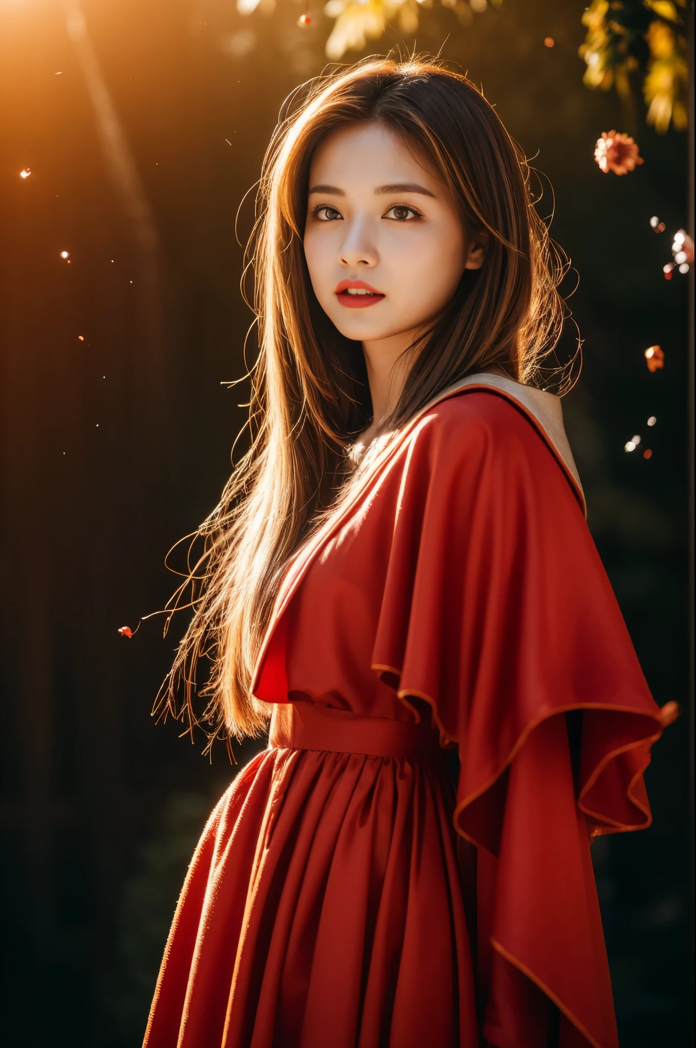 RAW photo, full sharp, (Full HD epic wallpaper) 8K UHD, Digital SLR, Soft lighting, High quality, filmgrain, Fujifilm XT3, hiqcgbody, (1 person, Kizi:1.2),Focus above the thighs, Broken glass effect, Vivid yellow flame, Ethereal sparks, vulnerable, Red eyes, Long gray hair,Wind,Fluttering head, buzz cut, Style - Gravity magic, Portrait, Looking down, Solo, , Detailed background, Detailed face, Pale complexion,(( Lolita costume)), redcloak, Cape, Hood, malicious expression, The scarlet symbol rotates in the air,(Floating fire particles, particle fx), Skylight color scheme, Huge red flame, the are In the background, Surrounded by a crimson mist, Sunset, symetrical composition, Epic atmosphere,