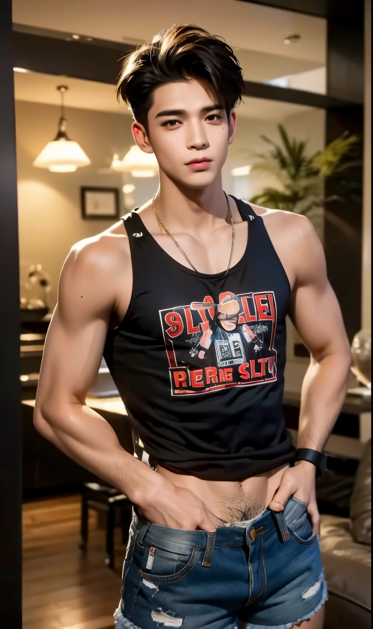 with a slight sexy grin, hands down by the sides of his shorts, penis bulge is large. Long blond hair down to his shoulders with a sofisticated unique sci-fi haircut,,,,3d, 8k, best image resolution, Black light colors only!! Wears a gold and silver 1/2 tank top shirt (crop top, like what male hustlers wear) wearing very short men's short shorts like a street hustler wears- which has been ripped down the middle for a sexy skinny dude , omg!!! Hot sexy, bright, red hair, 27 year old, male prostitute, smooth sexy skinny body, sexy legs, torn and distressed blue denim mens short mens short shorts takes a selfie photo for his escort ad on the interne.
