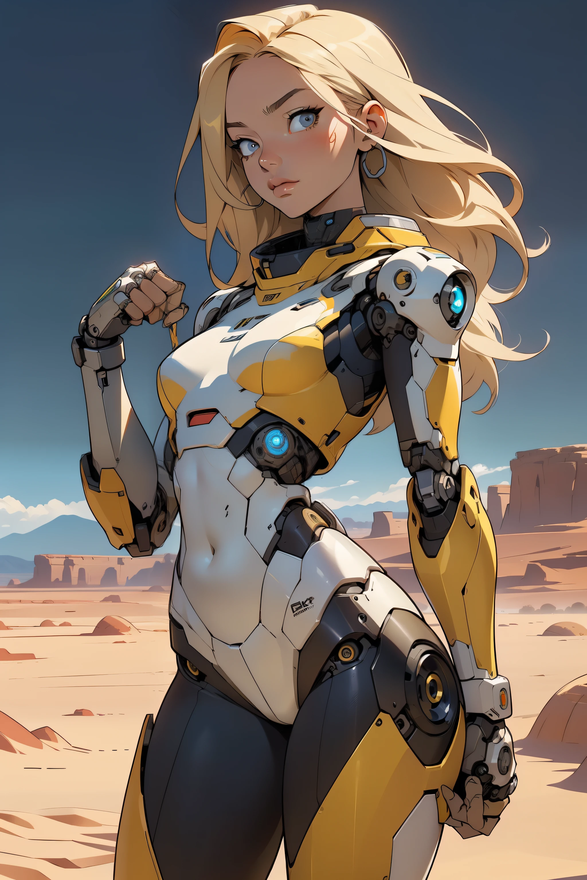 high quality, 4k, masterpiece, beautiful, cyborg girl, cowboy shot, dull eyes, front, looking at viewer, long blonde hair, girl, small breasts, fit thighs, robotic arms, robotic body, cyborg body, yellow & white uniform, red accent, intricate detail, joint, detailed lines, robotic detail, holding fist up, holding hand up as fist, color robotic parts, robotic parts with color, perfect fingers, on a desert planet, sunny background, colorful desert, a river or a lake in the background, slender thighs, skinny thighs,