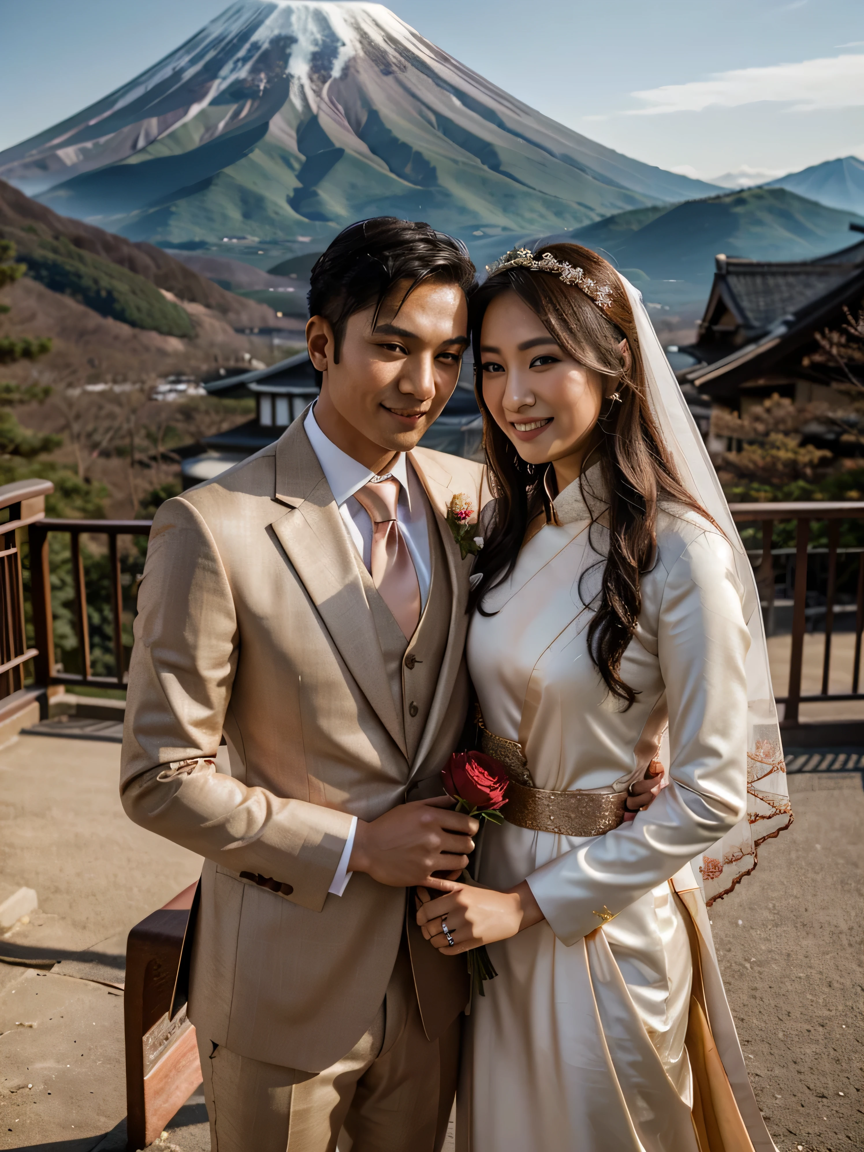 a pre-wedding shoot of the Asian groom wear "a light brown suit and a rose gold tie" with her Asian bride wear "white wedding dress and veil". both of them are in the moment with full of joy and happiness with scenery of Fuji mountain in winter