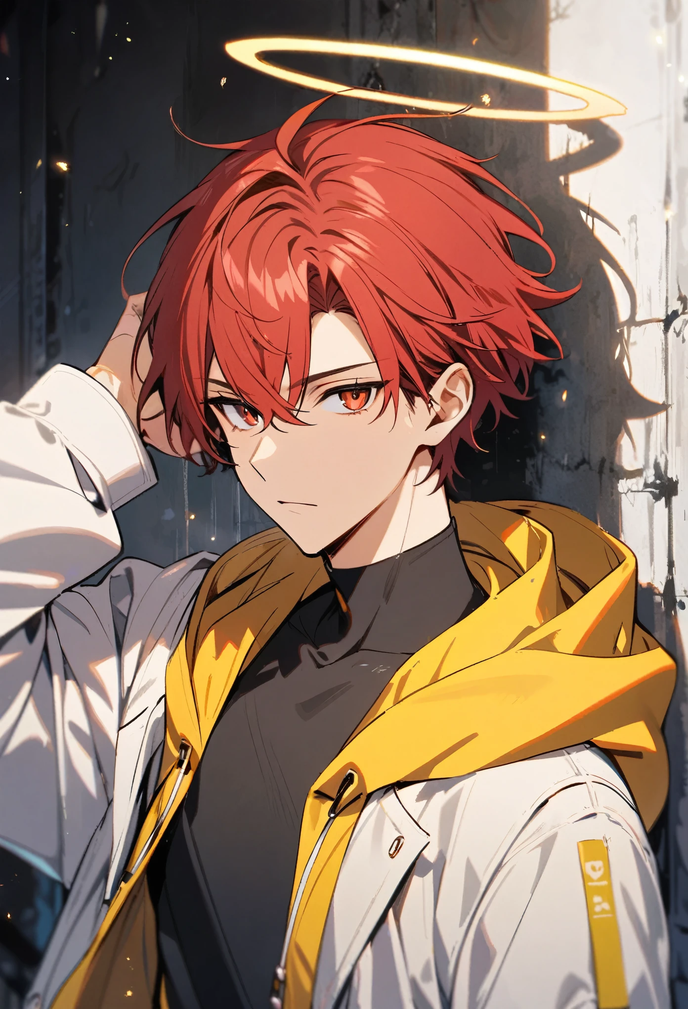 Handsome, male, short hair, red hair, red eyes, black shirt, yellow hooded, white coat, halo