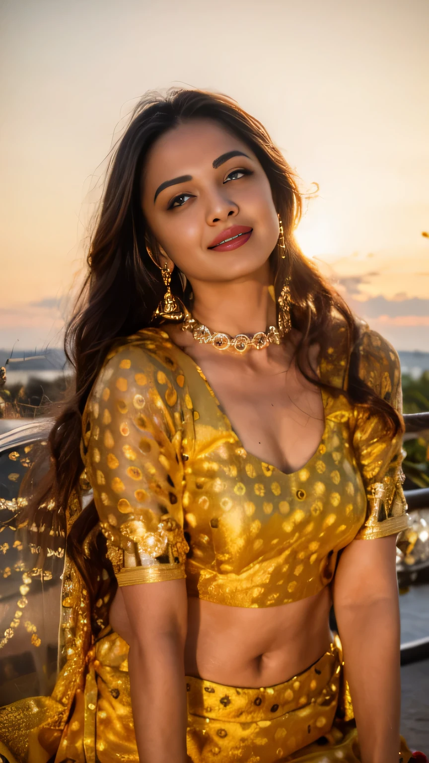a close up of a srilanka female model 2 5 in a yellow outfit posing for a picture, traditional beauty, indian goddess, music video, indian, she is dressed as a belly dancer, beautiful pose, indian style, wearing a blouse, still shot from movie, photo shoot, wearing an ornate outfit, stylish pose, gorgeous lady, posing!!, new song, leaked image, ((film grain, skin details, high detailed skin texture, 8k hdr, dslr)), photography taken by sony DSLR, Hd image, seductive smile
