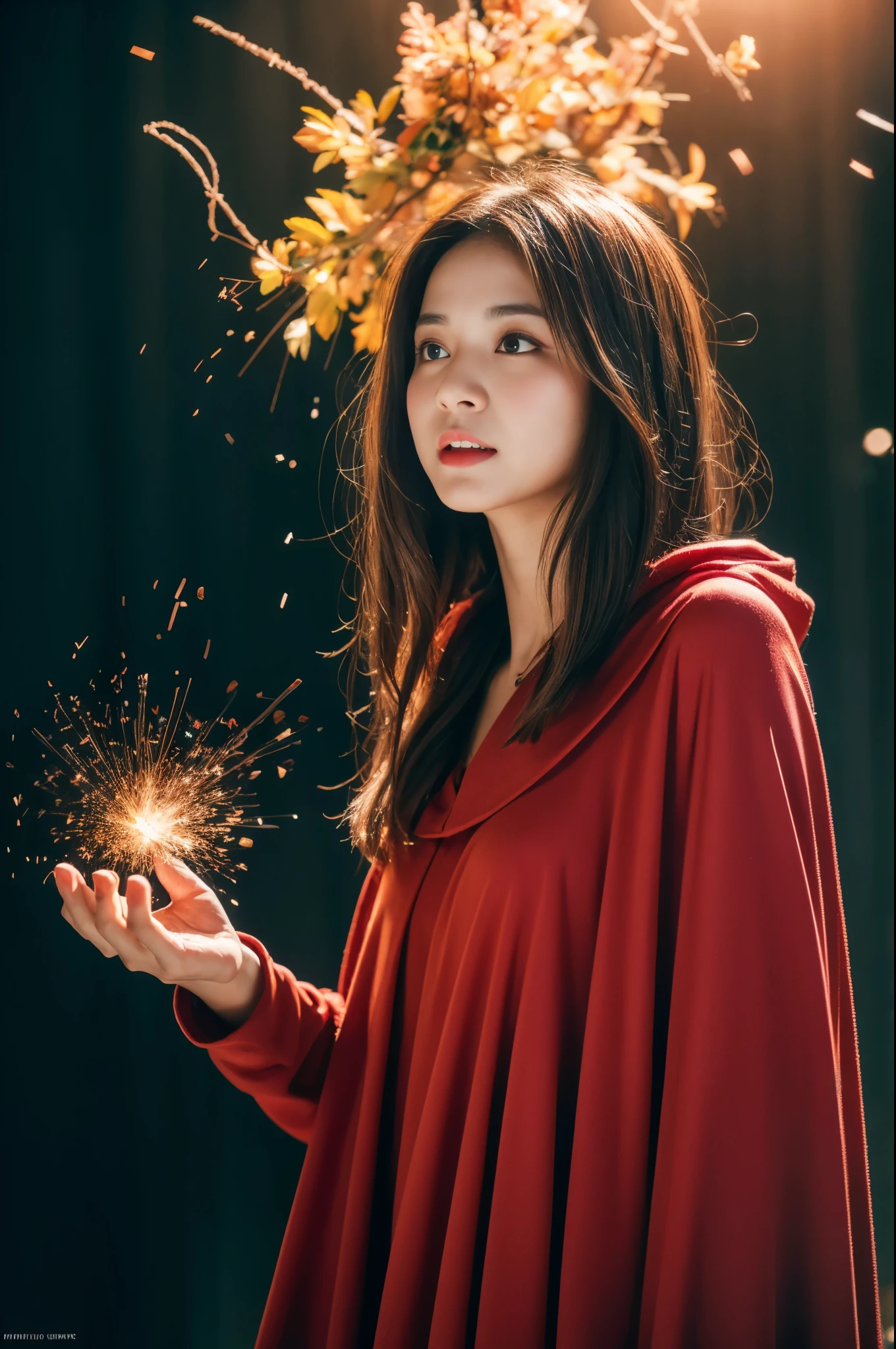 RAW photo,(Eyes look at the camera), full sharp, (Full HD epic wallpaper) 8K UHD, Digital SLR, Soft lighting, High quality, filmgrain, Fujifilm XT3, hiqcgbody, (1 person, Kizi:1.2),Focus above the thighs, Broken glass effect, Vivid yellow flame, Ethereal sparks, vulnerable, Red eyes, Long gray hair,Wind,Fluttering head, buzz cut, Style - Gravity magic, Portrait, Looking down, Solo, , Detailed background, Detailed face, Pale complexion,(( Lolita costume)), redcloak, Cape, Hood, malicious expression, The scarlet symbol rotates in the air,(Floating fire particles, particle fx), Skylight color scheme, Huge red flame, the are In the background, Surrounded by a crimson mist, Sunset, symetrical composition, Epic atmosphere,