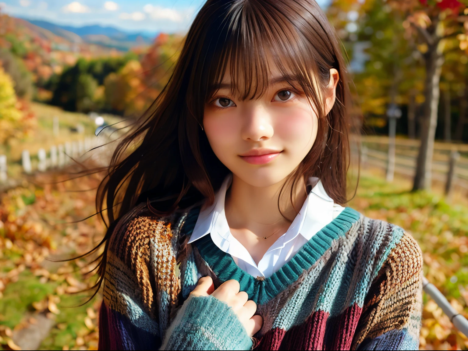 (Close up portrait of one girl with slender small breasts in colorful autumn shirt and sweater:1.5)、(Smiling girl with hair fluttering in the wind stands on the edge of screen:1.3)、(Wonderfully beautiful autumn leaves on mountain background :1.3)、(Perfect Anatomy:1.3)、(complete hands:1.3)、(complete fingers:1.3)、Photorealsitic、Raw photography、masutepiece、top-quality、hight resolution、delicate and pretty、face perfect、Beautiful detailed eyes、Fair skin、Real Human Skin、pores、((thin legs))、(Dark hair)