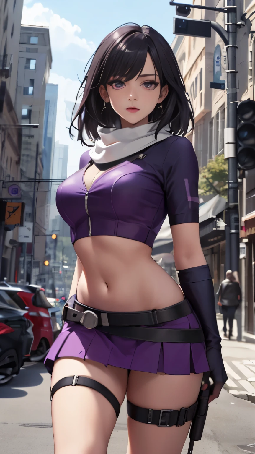 (Highly quality, masterpiece, detailed), city detailed scenario, city detailed background, solo, kateb2023, 1girl, purple outfit, purple top, white scarf, black hair, bare arm, tactical, utility belt, purple glove, archer, bare midriff, half skirt, navel, perfect face, beautiful eyes, look at the viewer, Sexy pose