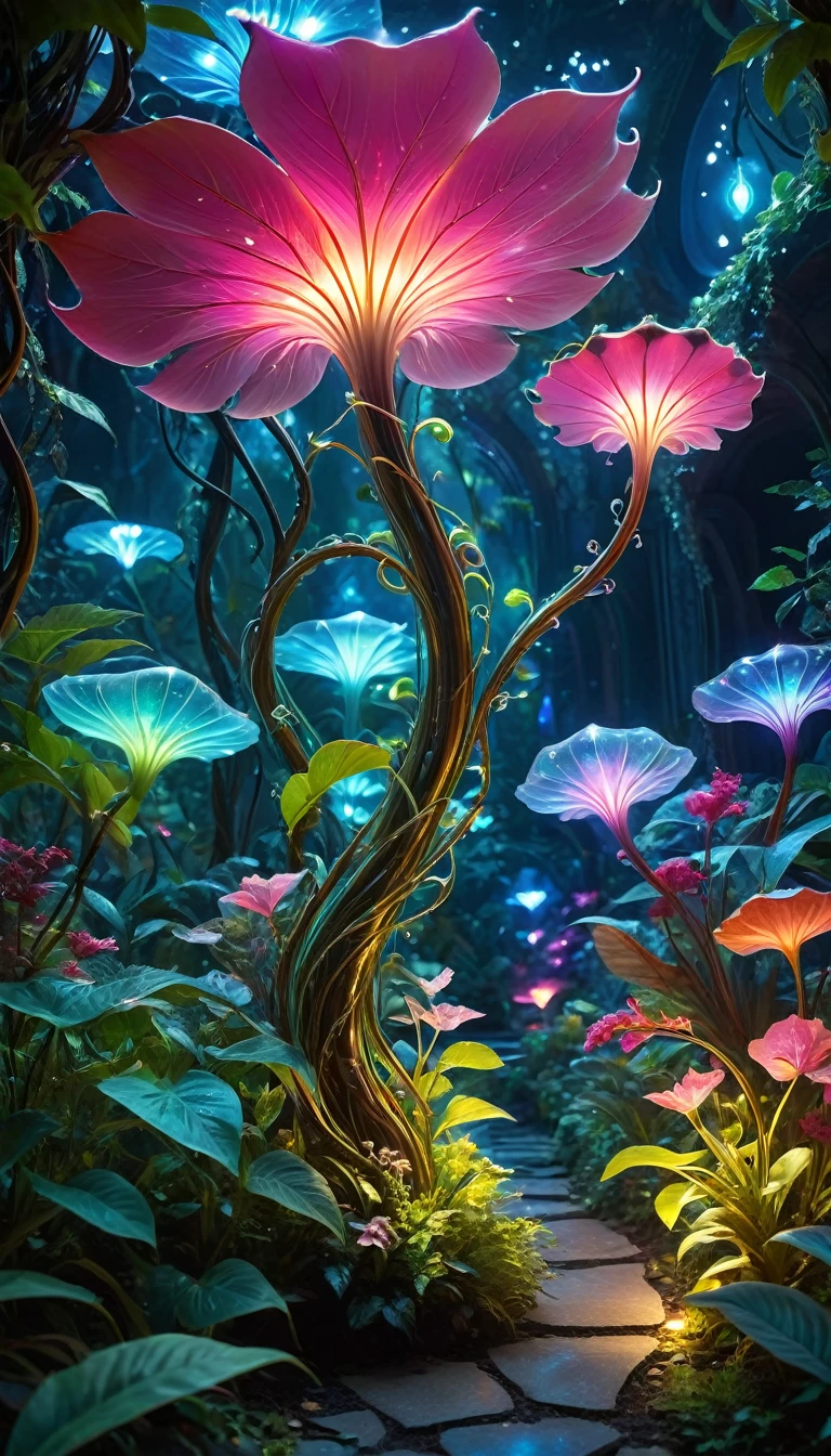 (best quality,4K,8K,high resolution,masterpiece:1.2),Super detailed,(actual,photoactual,photo-actual:1.37),bright colorful lights,bright colors,plant dream,Magical alien plants,Ethereal atmosphere,otherworldly,alien landscape,Alien vegetation,alien flora,unusual plant life,A strange display,Nourished by cosmic energy,Phosphorescence,glowing petals,Crystal leaves,bioluminescent tendrils,Surreal and energetic,rich saturation,organic shapes,Translucent flowers,Fantastic fantasy,charming surroundings,lush growth,rich foliage,Twisted vines,Glittering leaves,unusual texture,curved form,aromatic smell,Otherworldly beauty,mysterious temptation,mythological nature,magic garden,hidden sanctuary,peaceful tranquility,get along with nature.