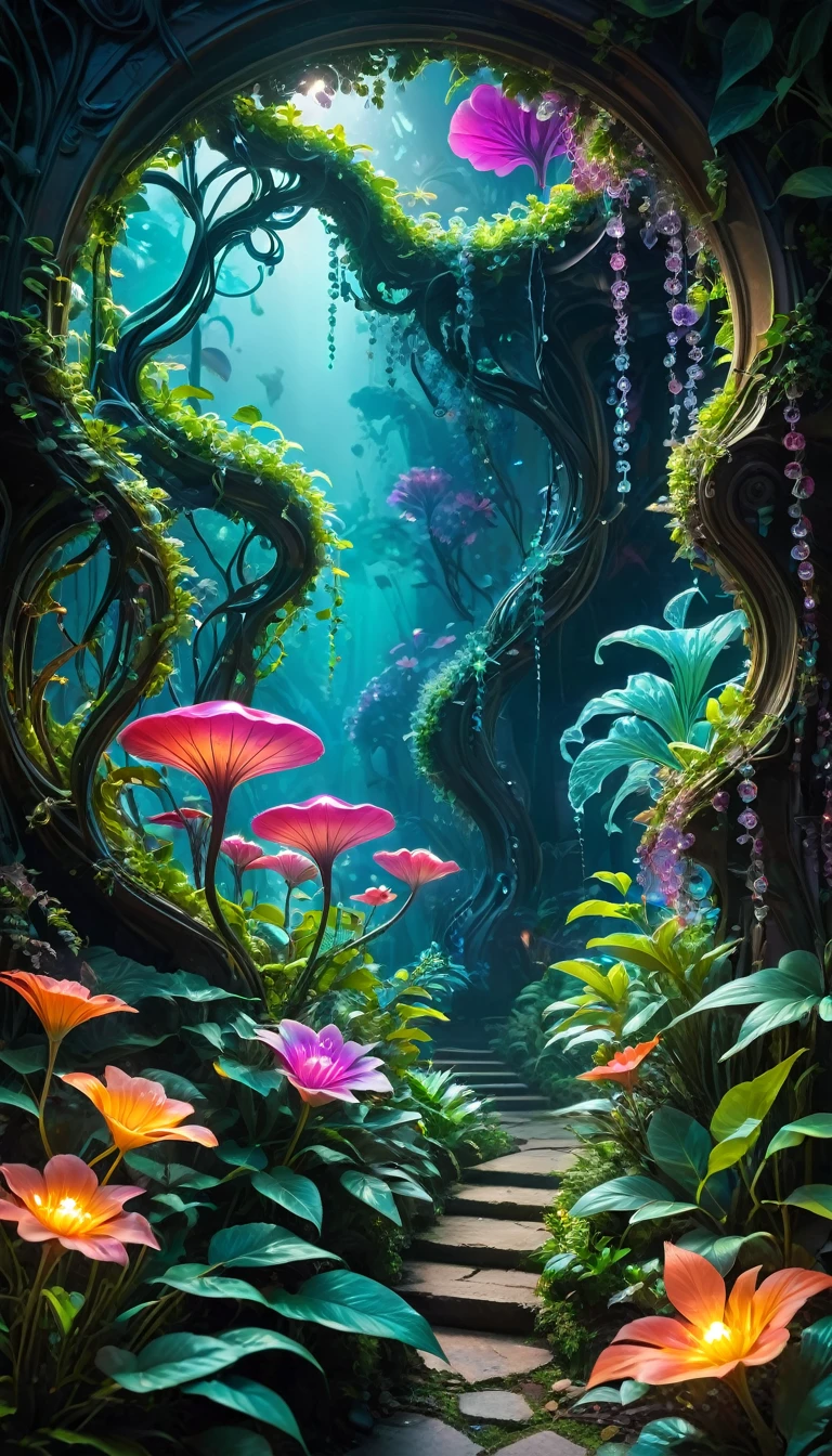 (best quality,4K,8K,high resolution,masterpiece:1.2),Super detailed,(actual,photoactual,photo-actual:1.37),bright colorful lights,bright colors,plant dream,Magical alien plants,Ethereal atmosphere,otherworldly,alien landscape,Alien vegetation,alien flora,unusual plant life,A strange display,Nourished by cosmic energy,Phosphorescence,glowing petals,Crystal leaves,bioluminescent tendrils,Surreal and energetic,rich saturation,organic shapes,Translucent flowers,Fantastic fantasy,charming surroundings,lush growth,rich foliage,Twisted vines,Glittering leaves,unusual texture,curved form,aromatic smell,Otherworldly beauty,mysterious temptation,mythological nature,magic garden,hidden sanctuary,peaceful tranquility,get along with nature.