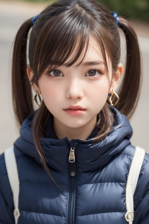 one girl, (a beauty girl, Delicate girl:1.3), (:1.3),
break, (Street view:1.2), (Winter clothes:1.2),
break, very fine resolution, (symmetrical eyes:1.3),
break, small breasts, brown eyes, parted bangs, brown hair, girl,
break, (Eye and face details:1.0), (get closer to the face, zoom in on the face, face focus:1.0),
break, (masterpiece, highest quality, super detailed, detailed face, 8K)、From above、earrings、twin tails