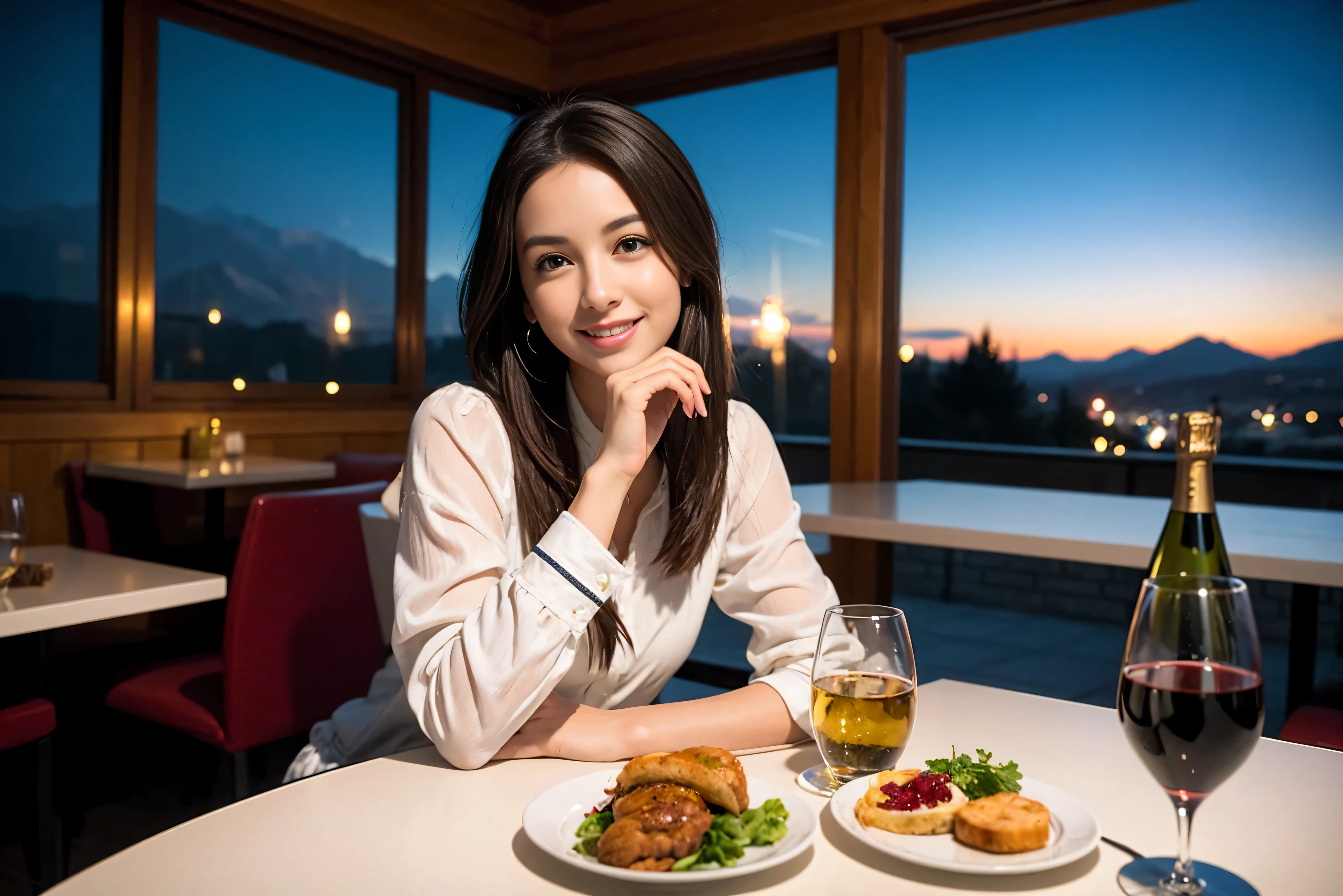 ((highest quality、8K、masterpiece:1.3))、sharp focus:1.2、beautiful woman perfect body:1.4、Slim body、((Bob Hale、straight hair:1.2))、(to be born, highest quality, masterpiece:1.5), (realistic, intricate details:1.2), ultra high resolution, confused,bright image、2 Wine Beauties, beautiful face, blue eyes, fine eyes, symmetrical eyes, light shines on your face, blush your nose, short hair,Spectacular view of the sunset sky and clouds、Amazing mountain views、A bright smile、A lovely woman with a smile、The woman's face is bright、fox face、lady、Wine Party、hors d'oeuvre、Italian food、2 beauties、brown hair、shortcut、long sleeve shirt、winter fashion、dress、Japanese、Englishman、Dutch、German、Belgian、Italian、French,Wine bottle、hors d'oeuvre、Champagne、sparkling wine、Pretty Woman 1, (slim face), (Because I'm slender), (brown hair), (shortcut), cheeks turn a little red, (37 years old), 39 years old, attractive beauty、, A beautiful and detailed night view spreads out outside the window.........., restaurant, sitting in a wine glass, At night, in a prominent place (from the waist up) nova frog style, actress, model, Upper body, White wine, slim, wine glass, very beautiful night view, wine glass placed in the middle, Smile, (smile: 1.15), beautiful fine eyes, Depth f/2,saturation, high contrast, strong light and shadow,moist body:1.5、3D texture、delicate eyes、brown hair、The hair is very shiny、