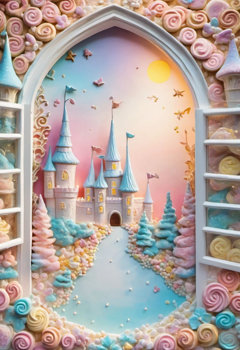 Chocolate Wall Castle, Cookies window, Marshmallow Roof,pastel colors, Fantasy lights, fantasy setting, Sweet, Charming atmosphere, Mouthwatering details, Complex buildings, Magical environment, Sweet joy, Vibrant and whimsical, Fairytale landscape, visually stunning, exquisite craftsmanship, Pleasing beauty, Exquisite sugar sculpture, Pleasing texture, Creamy smooth, indulgent treat, Candy heaven, Sweet and seductive, Sweet wonderland, Delicious and magical.