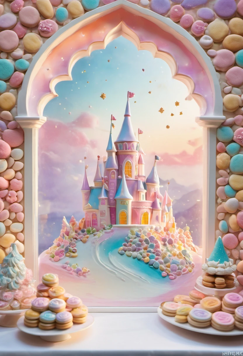 Chocolate Wall Castle, Cookies window, Marshmallow Roof,pastel colors, Fantasy lights, fantasy setting, Sweet, Charming atmosphere, Mouthwatering details, Complex buildings, Magical environment, Sweet joy, Vibrant and whimsical, Fairytale landscape, visually stunning, exquisite craftsmanship, Pleasing beauty, Exquisite sugar sculpture, Pleasing texture, Creamy smooth, indulgent treat, Candy heaven, Sweet and seductive, Sweet wonderland, Delicious and magical.