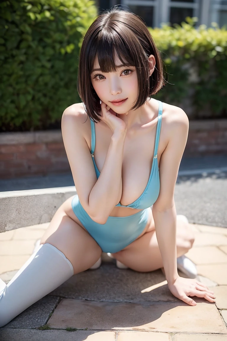 (NSFW), (Photographed from diagonally above, looking at camera),(software:1.8、masterpiece, highest quality),1 girl, alone, realistic, realistic, looking at the viewer, Light-coloured black eyes, (非常に詳細な光沢のある髪を持つブルネットのshort bob hair, 重いbangs, short bob hair:1.8)、((Revealing and sexy clothing:1.6)), ((super high leg:2.5)), Whity, lips, bangs, outdoor, closed mouth, whole body、Big eyes、eyelash、((sharp eyes, A look that invites men:1.3)), ((very simple dark green background:1.8、Beautiful face in symmetry))、(((bangsのあるショートヘア、Big eyes、big and full chest、look at the audience、beautiful beauty、show me your ears、long neck、smile、please close your mouth and smile)))、ideal body proportions、{Huge|big|Huge|mega} chest, cleavage、幸せなsmile, ((Lie on your back on the floor with your legs spread, Lie down with your back on the floor)), ((open your legs:1.7, obscene pose:1.5))