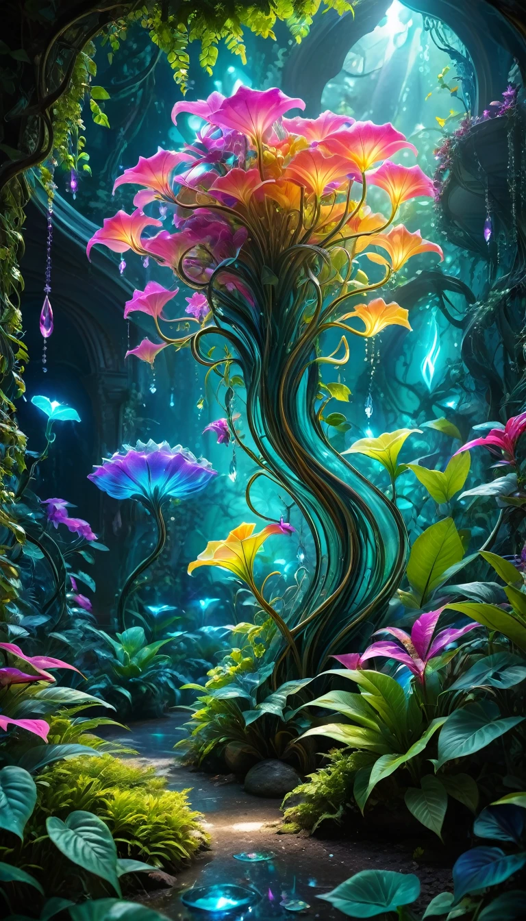 (best quality,4K,8K,high resolution,masterpiece:1.2),Super detailed,(actual,photoactual,photo-actual:1.37),bright colorful lights,bright colors,plant dream,Magical alien plants,Ethereal atmosphere,otherworldly,alien landscape,Alien vegetation,alien flora,unusual plant life,A strange display,Nourished by cosmic energy,Phosphorescence,glowing petals,Crystal leaves,bioluminescent tendrils,Surreal and energetic,rich saturation,organic shapes,Translucent flowers,Fantastic fantasy,charming surroundings,lush growth,rich foliage,Twisted vines,Glittering leaves,unusual texture,curved form,aromatic smell,Otherworldly beauty,mysterious temptation,mythological nature,magic garden,hidden sanctuary,peaceful tranquility,get along with nature.