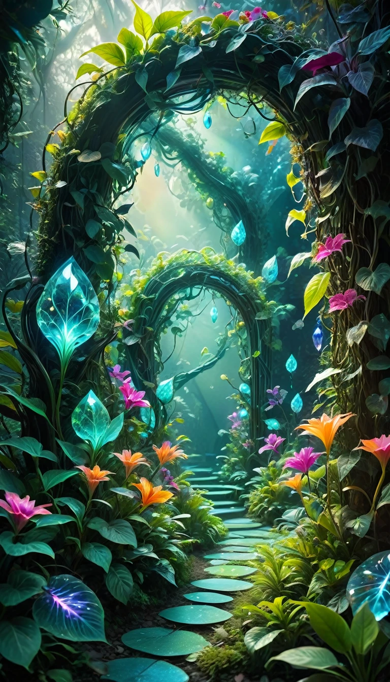 (best quality,4K,8K,high resolution,masterpiece:1.2),Super detailed,(actual,photoactual,photo-actual:1.37),bright colorful lights,bright colors,plant dream,Magical alien plants,Ethereal atmosphere,otherworldly,alien landscape,Alien vegetation,alien flora,unusual plant life,A strange display,Nourished by cosmic energy,Phosphorescence,glowing petals,Crystal leaves,bioluminescent tendrils,Surreal and energetic,rich saturation,organic shapes,Translucent flowers,Fantastic fantasy,charming surroundings,lush growth,rich foliage,Twisted vines,Glittering leaves,unusual texture,curved form,aromatic smell,Otherworldly beauty,mysterious temptation,mythological nature,magic garden,hidden sanctuary,peaceful tranquility,get along with nature.