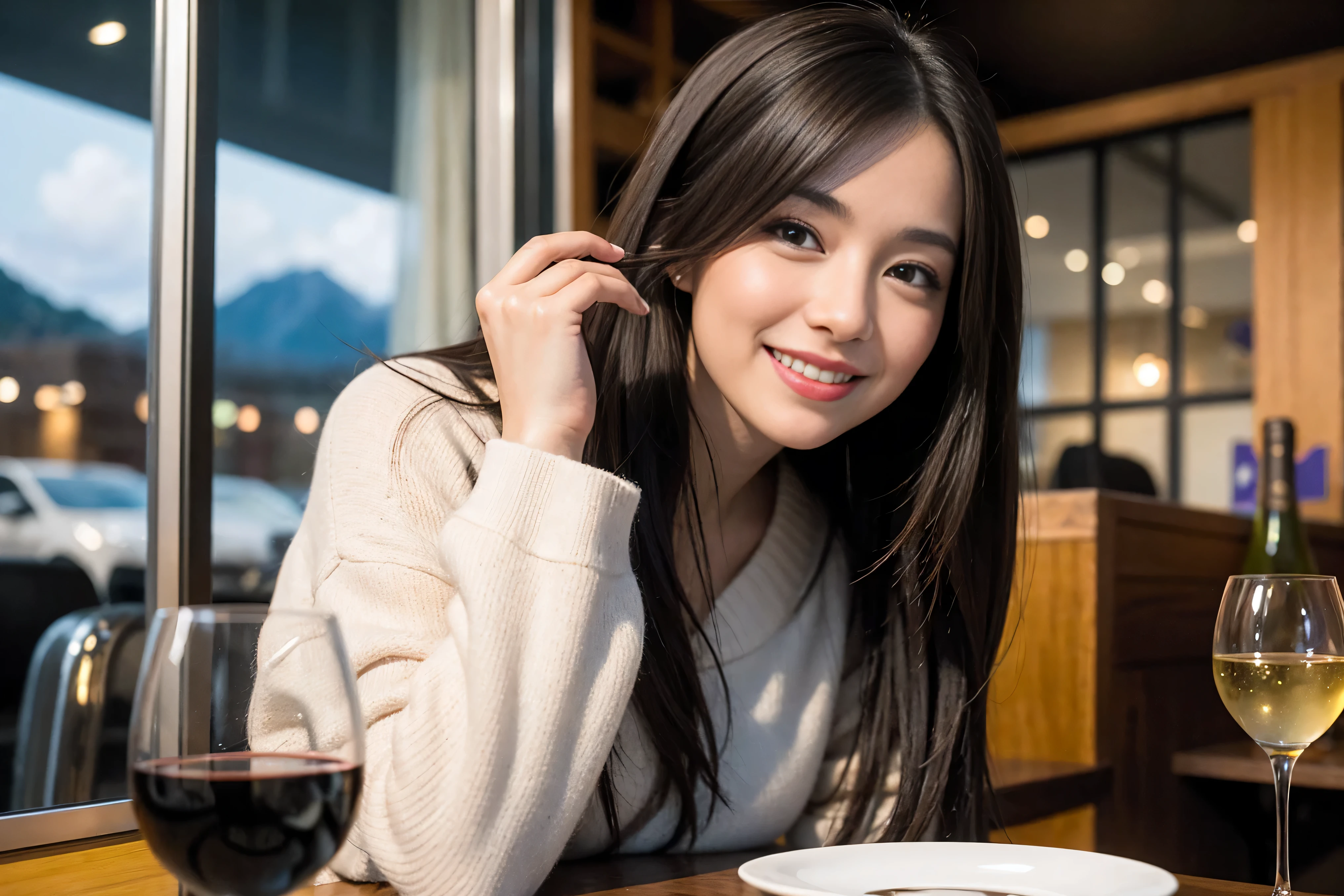 ((highest quality、8K、masterpiece:1.3))、sharp focus:1.2、beautiful woman perfect body:1.4、Slim body、((Bob Hale、straight hair:1.2))、(to be born, highest quality, masterpiece:1.5), (realistic, intricate details:1.2), ultra high resolution, confused,bright image、2 Wine Beauties, beautiful face, blue eyes, fine eyes, symmetrical eyes, light shines on your face, blush your nose, short hair,Spectacular view of the sunset sky and clouds、Amazing mountain views、A bright smile、A lovely woman with a smile、The woman's face is bright、fox face、lady、Wine Party、hors d'oeuvre、Italian food、2 beauties、brown hair、shortcut、long sleeve shirt、winter fashion、dress、Japanese、Englishman、Dutch、German、Belgian、Italian、French,Wine bottle、hors d'oeuvre、Champagne、sparkling wine、Pretty Woman 1, (slim face), (Because I'm slender), (brown hair), (shortcut), cheeks turn a little red, (37 years old), 39 years old, attractive beauty、, A beautiful and detailed night view spreads out outside the window.........., restaurant, sitting in a wine glass, At night, in a prominent place (from the waist up) nova frog style, actress, model, Upper body, White wine, slim, wine glass, very beautiful night view, wine glass placed in the middle, Smile, (smile: 1.15), beautiful fine eyes, Depth f/2,saturation, high contrast, strong light and shadow,moist body:1.5、3D texture、delicate eyes、brown hair、The hair is very shiny、