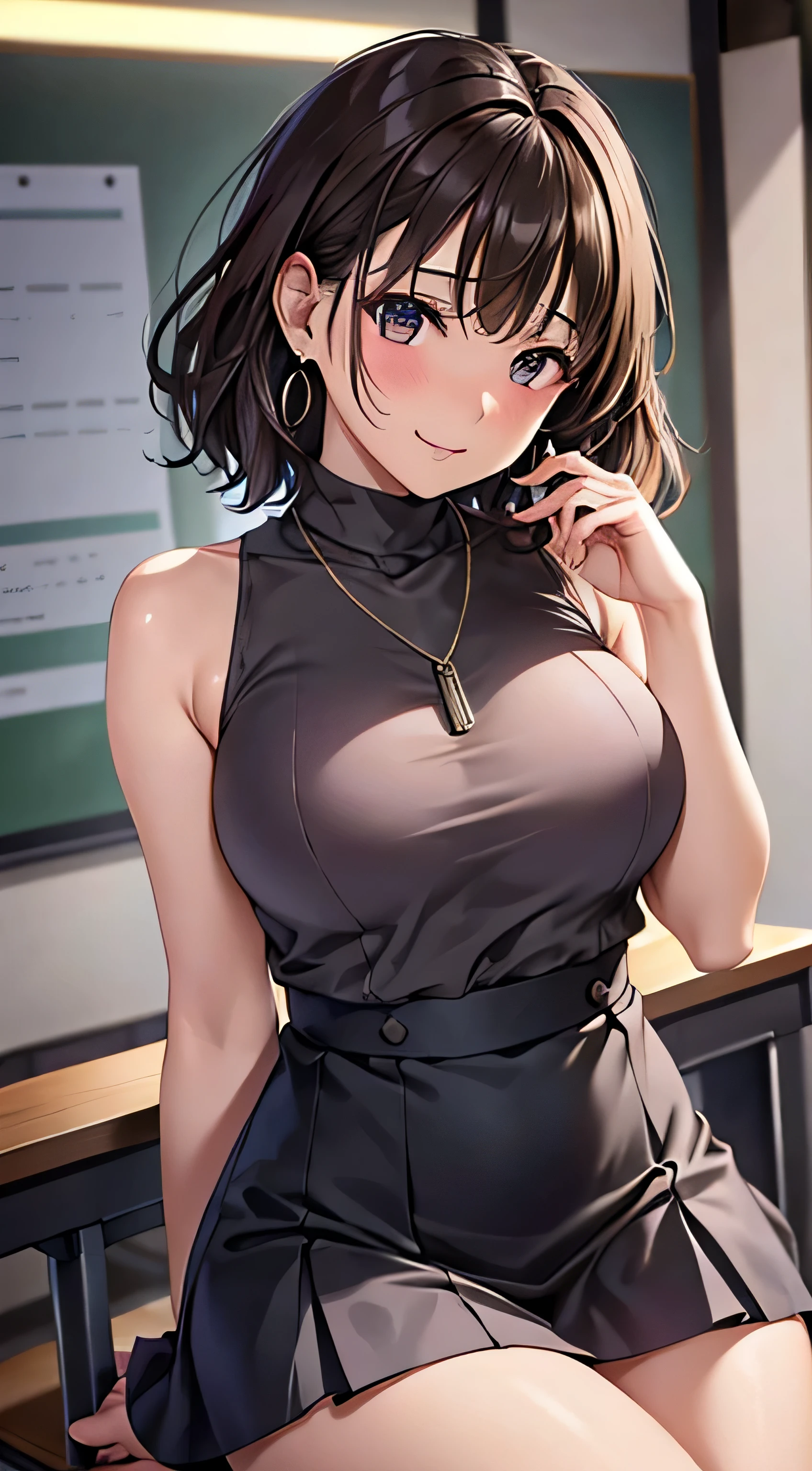 (table top, highest quality, High resolution, , perfect pixel, 4k,), 1 girl, single, alone, Beautiful woman、I could see the whole body、 ((wavy short hair, bangs, brown hair)), ((brown eyes, beautiful eyelashes, realistic eyes)), ((detailed face, blush:1.2)), ((smooth texture:0.75, realistic texture:0.65, realistic:1.1, Anime CG style)), medium breasts, dynamic angle, perfect body, ((, female teacher, , earrings、necklace、Beige turtleneck sleeveless sweater、Long flared skirt in dark blue、black knee high stockings、open both legs wide、、shy smile、sit at a desk in the classroom、touch your chest with both hands)), Upper grade、、、evening、、(Pink lace panties are visible、、、angle from below)、