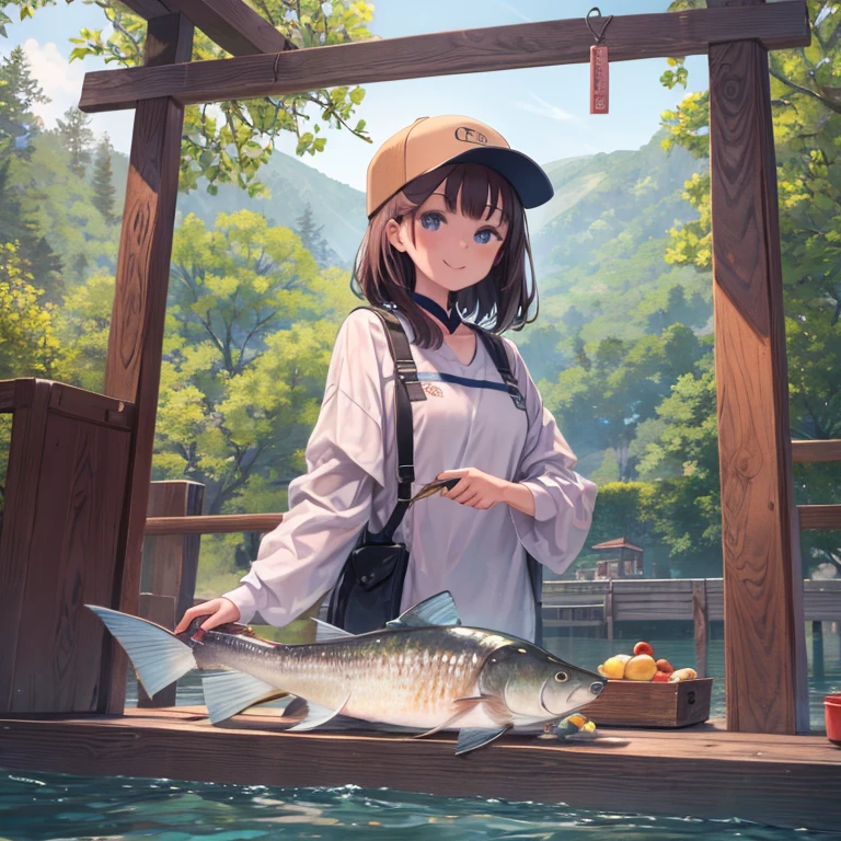 masterpiece, highest quality、Medium wide shot、1. A woman with beautiful eyes、smile、fishing、Fishing、