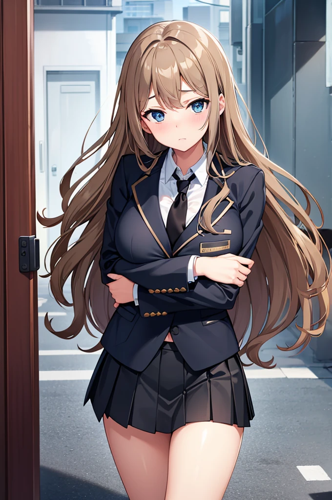 thirties woman,light brown hair color, long verywavy hair, blue eyes, large breasts,black mini pleated skirt,blackblazer,School gate,cowboy shot ,breast hold,very bashful,black necktie