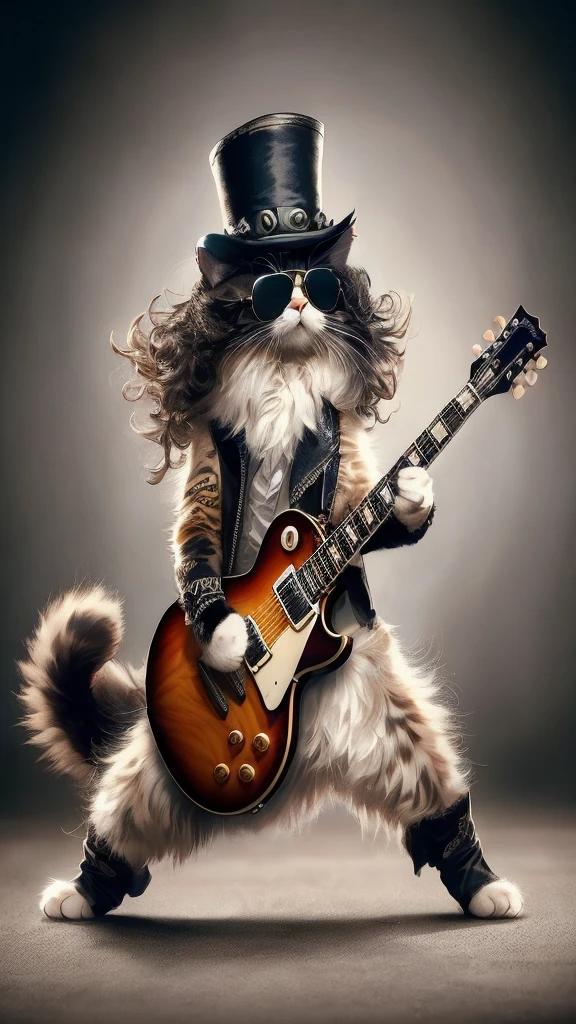 araffe cat with a top hat and sunglasses playing a guitar, he is a rockstar, rocking out, awesome cat, cat wearing a top hat, !!!! cat!!!!, anthropomorphic cat, !!! cat!!!, rock music, rock n roll, guitar solo, the rock and roll emperor, guitarist, furry artist, cat furry, by Ren Bonian