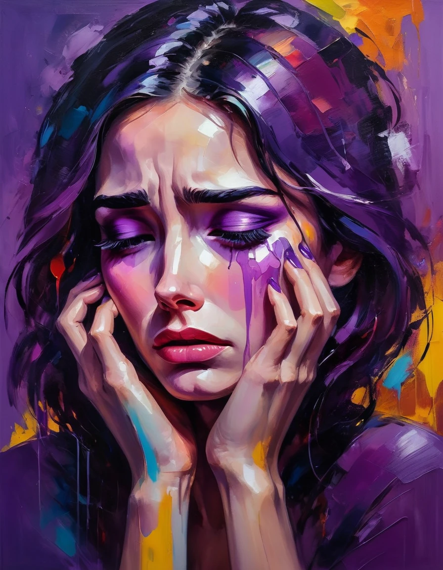 A tearful woman with a purple background, bright colors, colorful brushstrokes, oil painting style, expressive, abstract, high-level, full of emotions, mysterious lighting, dramatic, and deep sadness.