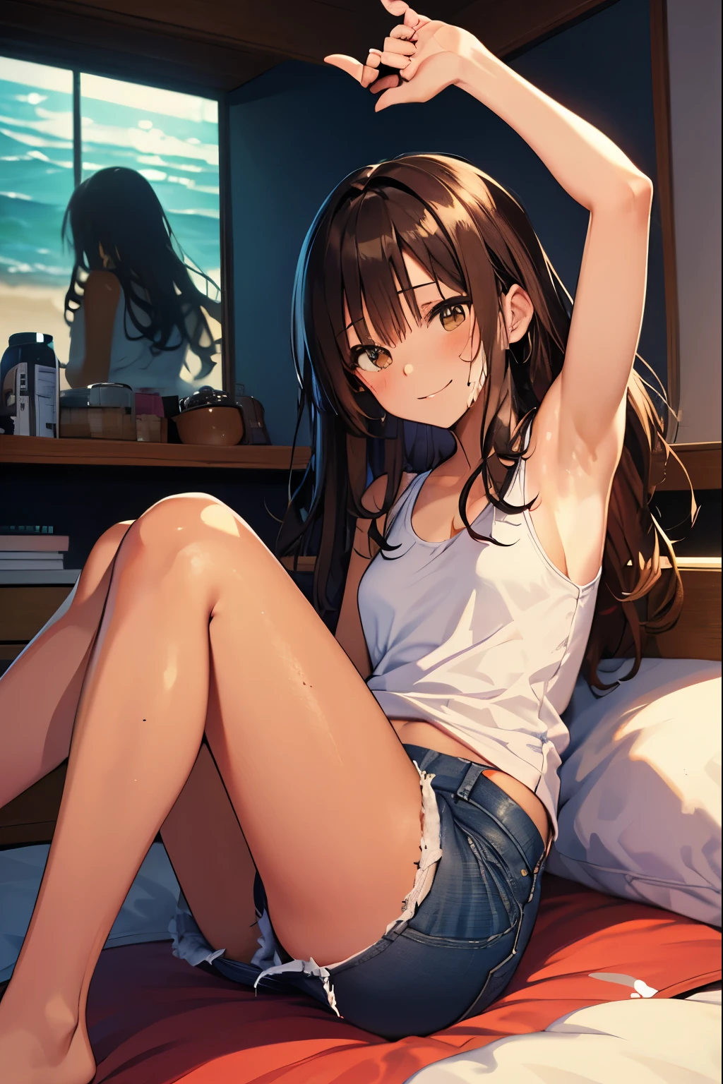 highest quality、 bra、beige shorts、cool look、Stretching your legs in your room、armpit sweat、Grass、ecstasy face,(glamorous figure), (2 girls),(twins), (highly detailed face, smile) ,, (japanese girl), Slightly round face, (Tan brown face:1.6), cute, Big eyes、2D,highest quality,(masterpiece),(((The whole body is reflected))),(((full body))),Semi-long hair that reaches to the shoulders,((amber brown hair)),((beach waves)),healthy dark skin,((denim hot pants)),「cheap」A pink tank top with the words,Shiny bare legs,barefoot,beautiful brown eyes,attractive thigheaty ass,Sloppy body shape,Bedroom,Get drunk,upper grade,cheeks are bright red,あざでcute,Sexy as hell,erotic look,Large drops of sweat all over the body,It's stuffy,sleep with your legs stretched out、my room