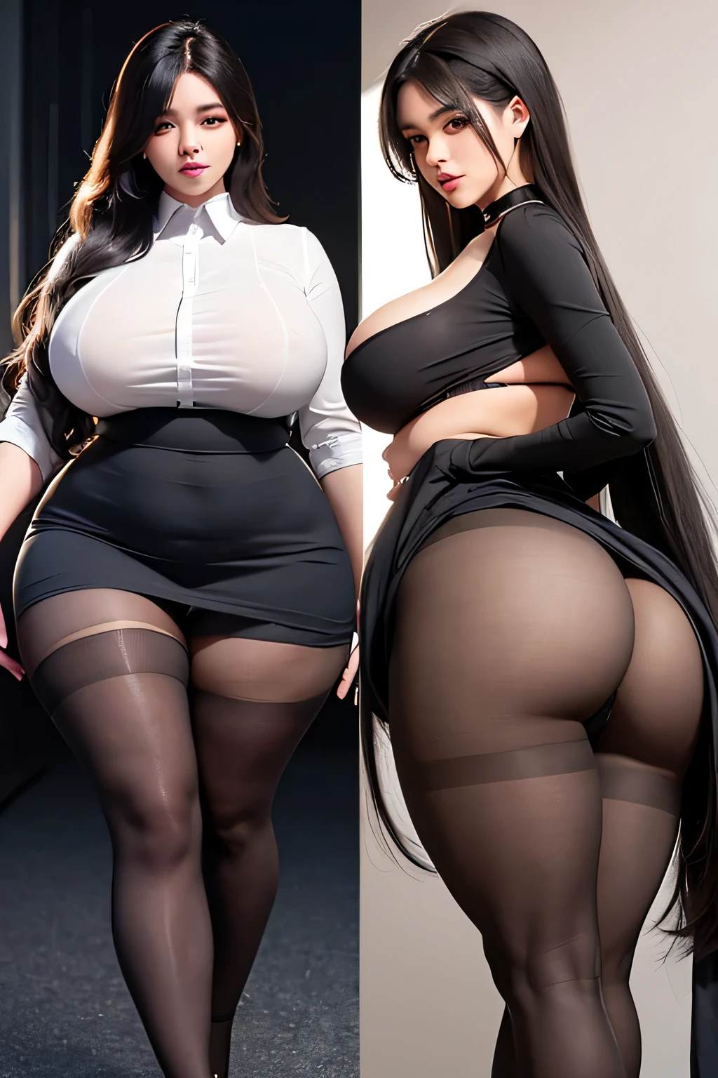 A curvaceous, cute and skinny super large biggest thick ass realist secretary , dressed in a tight-fitting skirt that hugs her voluptuous large and thick hips and round huge thick ass behind. perky breasts, which are just barely contained within the constraints of her buttoned-up attire. pantyhose, big and thick and ass, large and thick hips