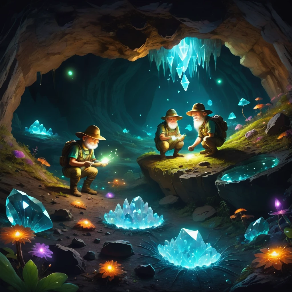 A cheerful one (mole) Miners collect glowing crystals from fairy circles deep in an underground cave. Illustration full of bioluminescence, improve, complex, (best quality, masterpiece, representative work, official art, professional, Ultra high detail, 8K:1.3)