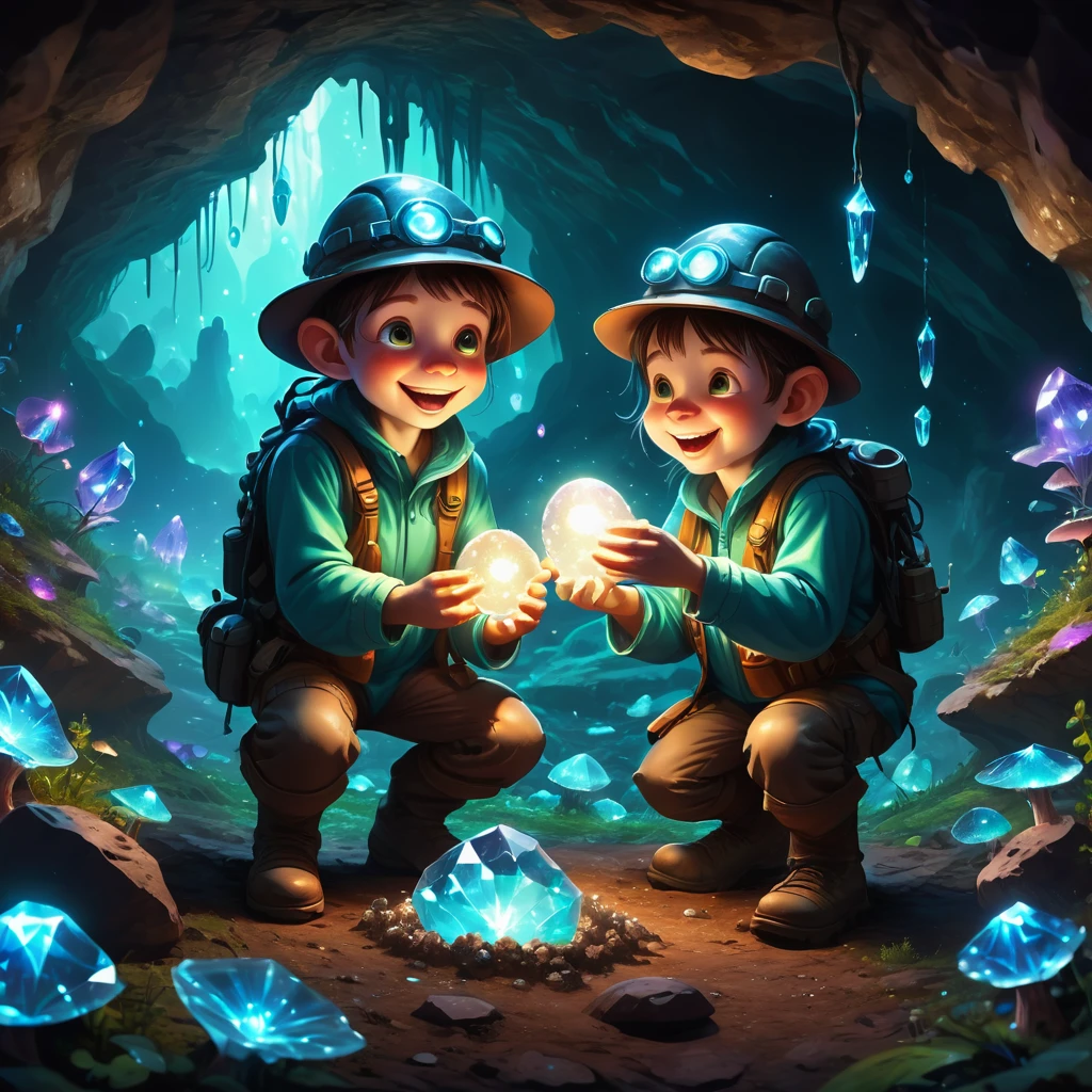 A cheerful one (mole) Miners collect glowing crystals from fairy circles deep in an underground cave. Illustration full of bioluminescence, improve, complex, (best quality, masterpiece, representative work, official art, professional, Ultra high detail, 8K:1.3)
