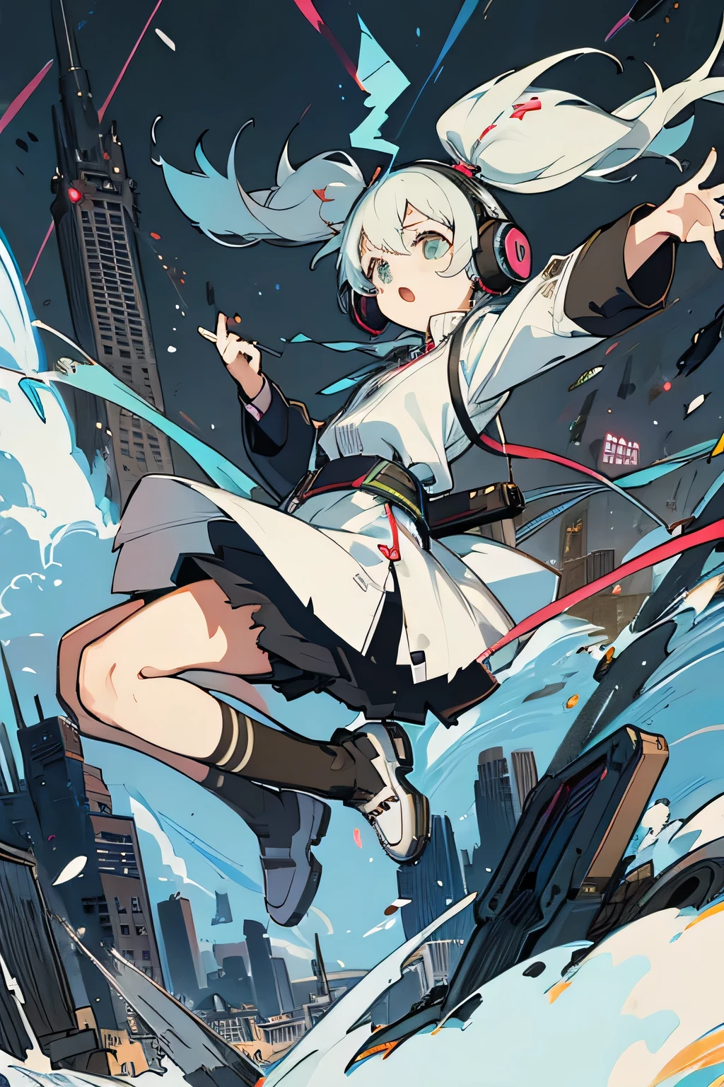 twin tails、headphones、ruined city、jump