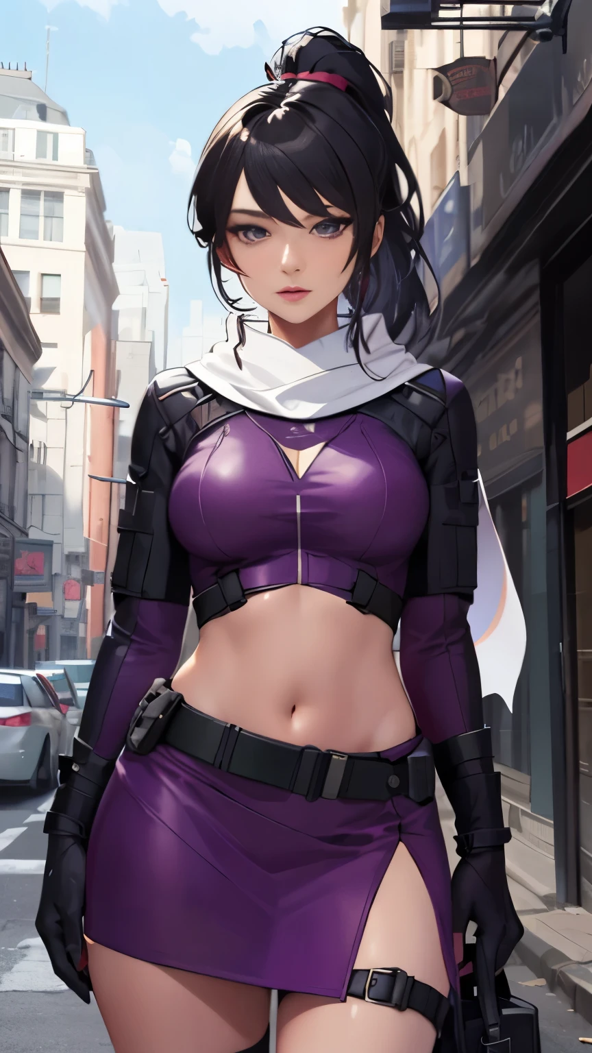 (Highly quality, masterpiece, detailed), city detailed scenario, city detailed background, solo, kateb2023, 1girl, purple outfit, purple top, white scarf, black hair, ponytail hair, bare arm, tactical, utility belt, purple glove, archer, bare midriff, half skirt, navel, perfect face, beautiful eyes, look at the viewer, Sexy pose