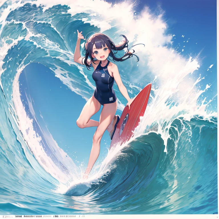 masterpiece, highest quality、Medium wide shot、1. A woman with beautiful eyes、laughing、swimsuit、surfing、Surfing、