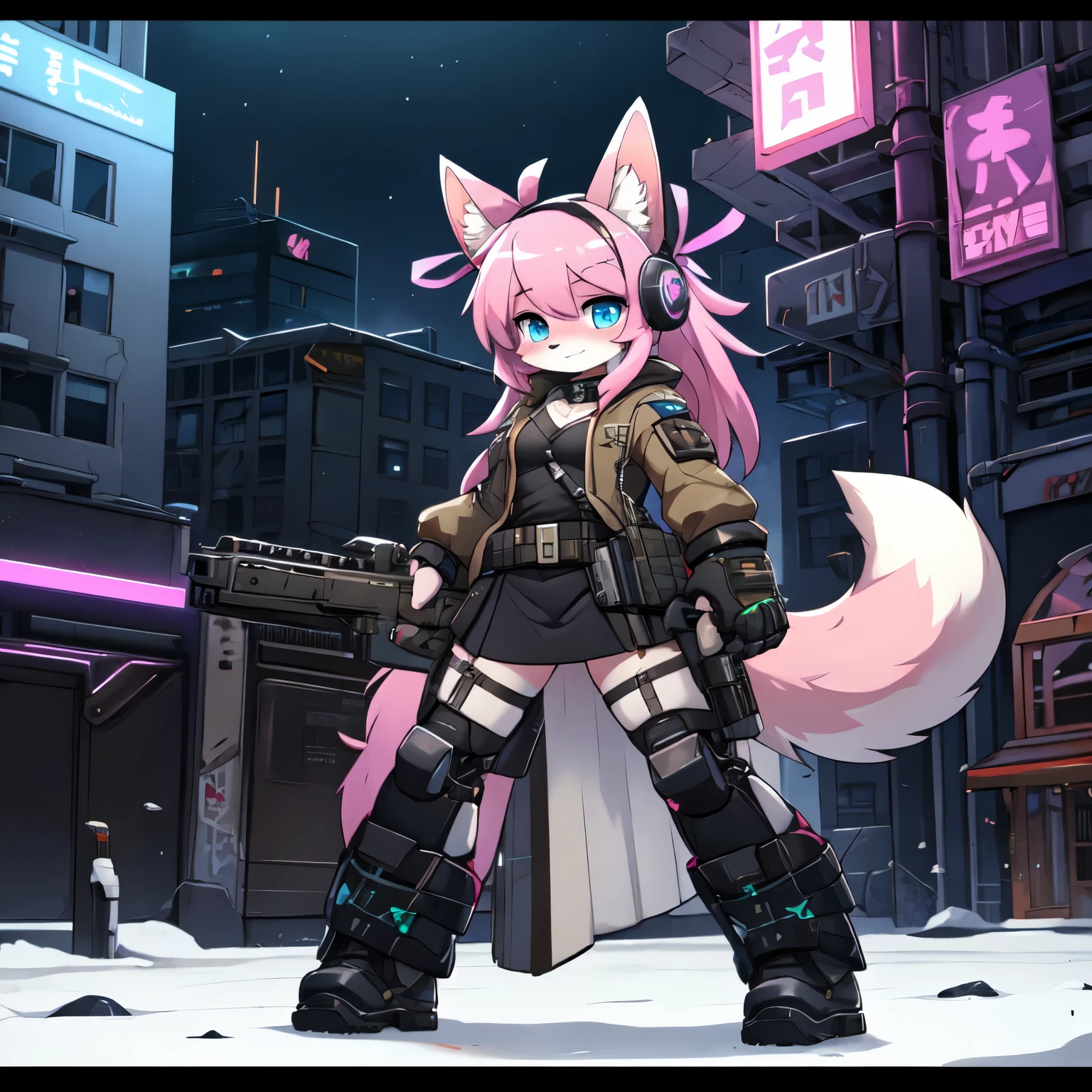 Kawaii, pink striped Fluffy Fox, Pink hair, Blue Eyes, heterochromia, Solo, body fur, on the night deserted city with ruins, synthetic tissue skin, cybernetic prosthetics, cybernetical servo prosthetic legs, digital headphone with HUD, mech suit, mech body parts, cybernetical prosthetic arms, blush, is shy, emaciated, white over-sized long blouse with ribbons, Brown Thick Pantyhose, black tennis skirt with neon, Grey long Sleeve loose Military hood jacket, tactical gun holsters in thigh, Mechanical boots, only one fluffy tail, metallic knee pads, tactical belted loose Arm Sleeves, Digital Screened gloves, chest rigs, tactical belts, Blue archive halo, glock18c holded on left hand,