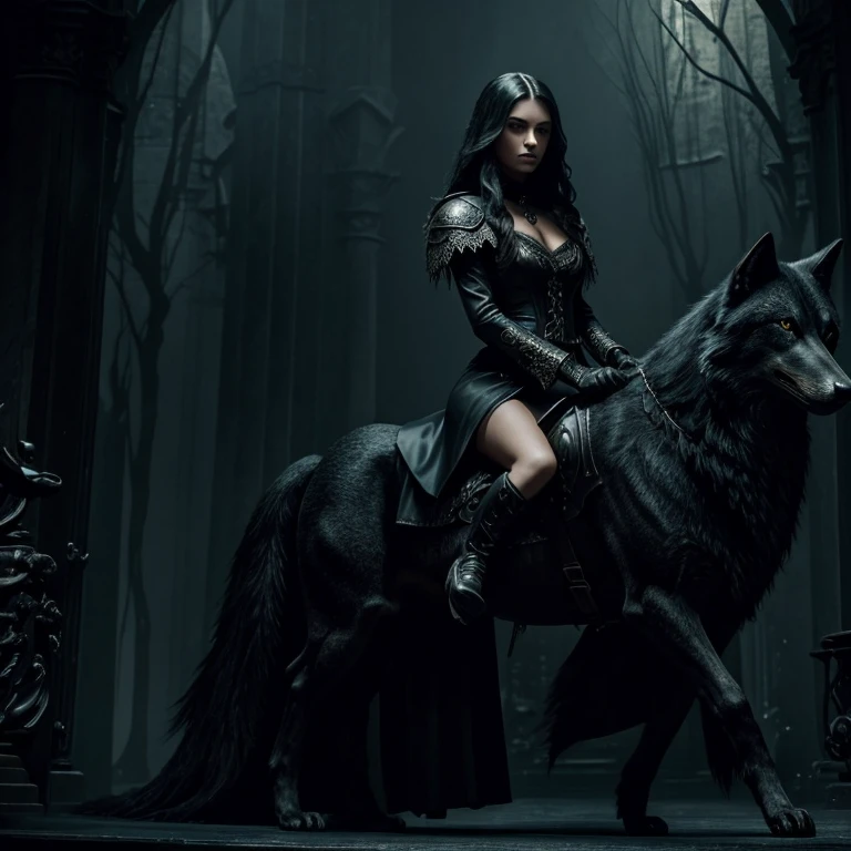 (((full medium shot))), (Masterpiece, best quality, ultra-detailed:1.3), (nice hands, perfect hands), official art, 1girl, Luxurious Elegance, Luxury product style Dark Moody Atmosphere, Dark Fantasy Art, A girl riding a monstrous wolf, dark, moody, dark fantasy style, dramatic, mysterious, dark moody atmosphere. Elegant, sophisticated, high-end, luxurious, professional, highly detailed, 