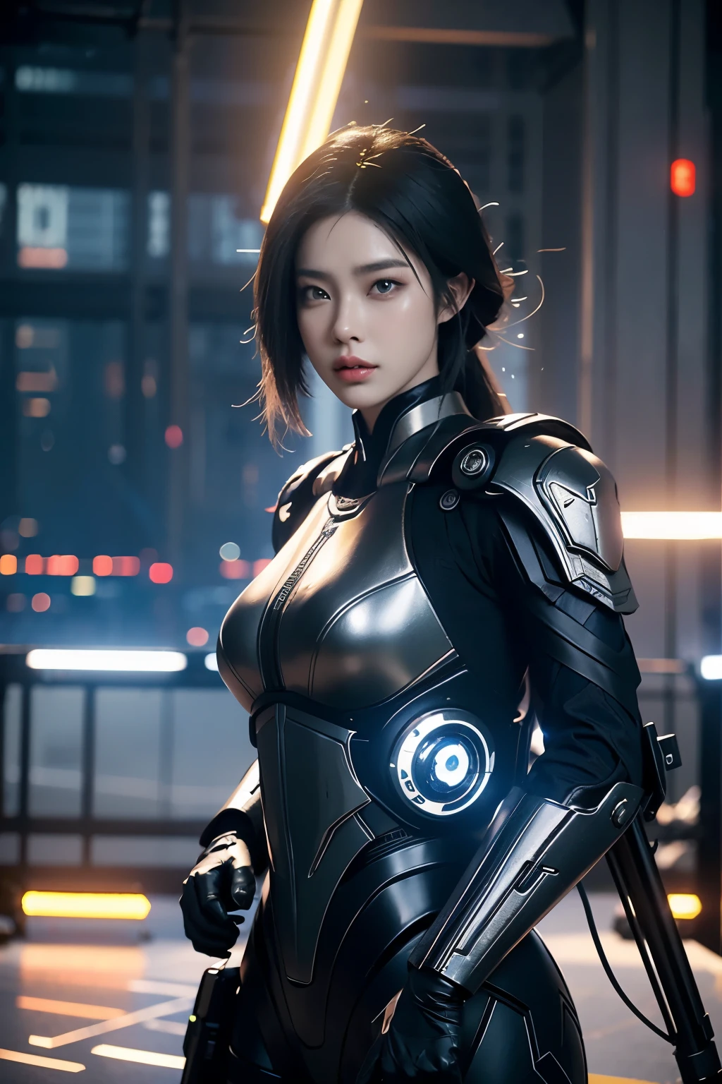 Game art，Best image quality，Highest resolution，8K，((A half-length photo))，((portrait))，(rule of thirds)，Unreal Engine 5 rendering works， (future girl)，(female warrior)， 22-year-old young hacker)，(Oriental hairstyle)，(Beautiful eyes full of details)，(big breasts)，(eye shadow)，Elegant and charming，indifferent，((frown))，(Combat uniforms full of futuristic technology，This costume combines futuristic power armor and，Clothing is decorated with glittering patterns and emblems)，cyberpunk characters，in the style of futuristic， photo poses，city background，lamp，Ray tracing，Game CG，((3D Unreal Engine))，OC rendering reflection pattern