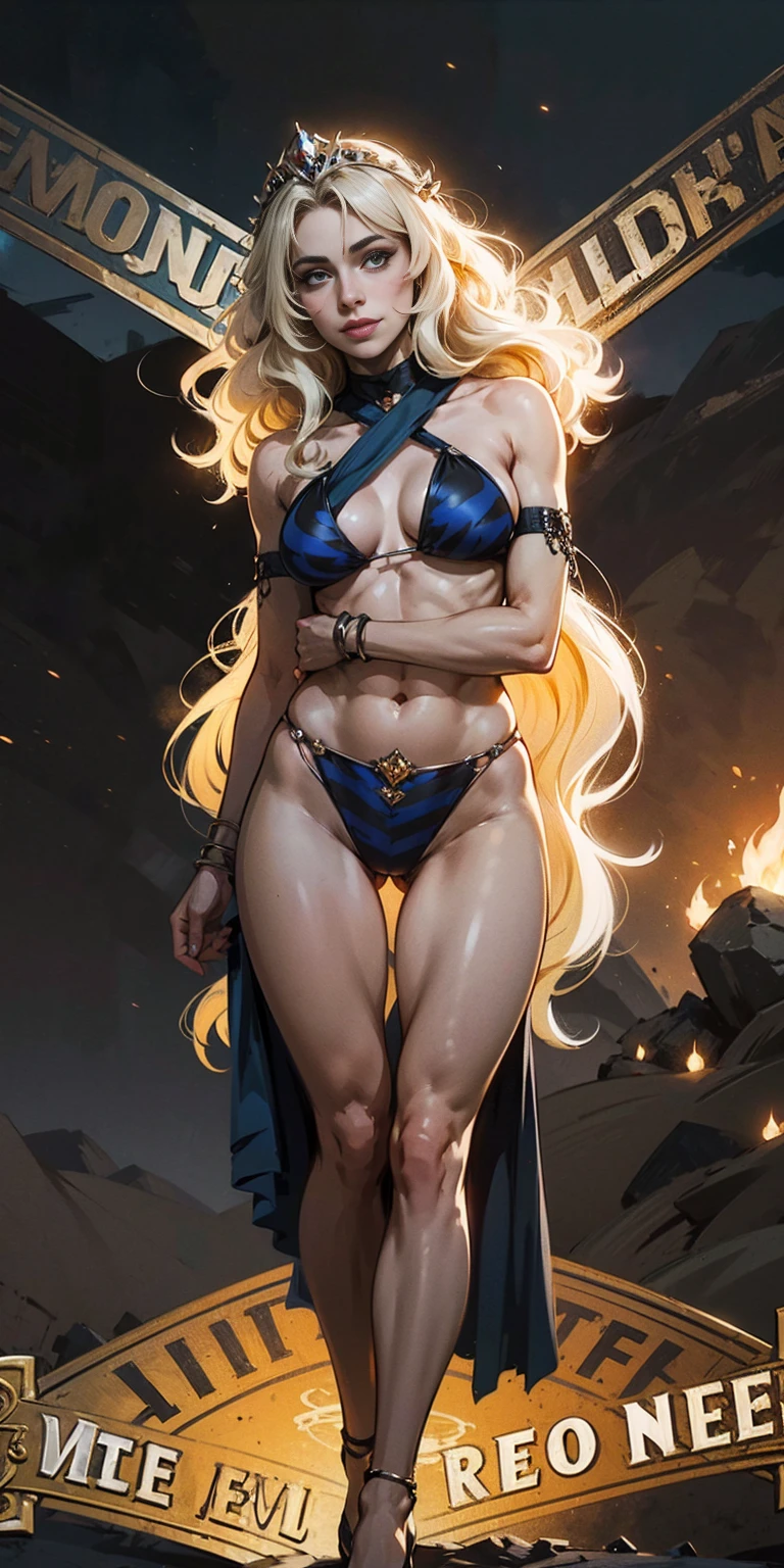 MILF de cuerpo completo BIMBO de pie con dos muslos largos, ojos amarillos, pelo rubio, cabello corto, pechos grandes escote, mangas separadas, ((fondo verse 1:2)), tiara real, capa larga, bikini tigre amarillo, Tacones altos, manos en la cintura, ombligo, cara de sonrisa lujuriosa y sonriente (rubor rojo), hombros de metal, brazales dorados sin mangas, gargantilla negra