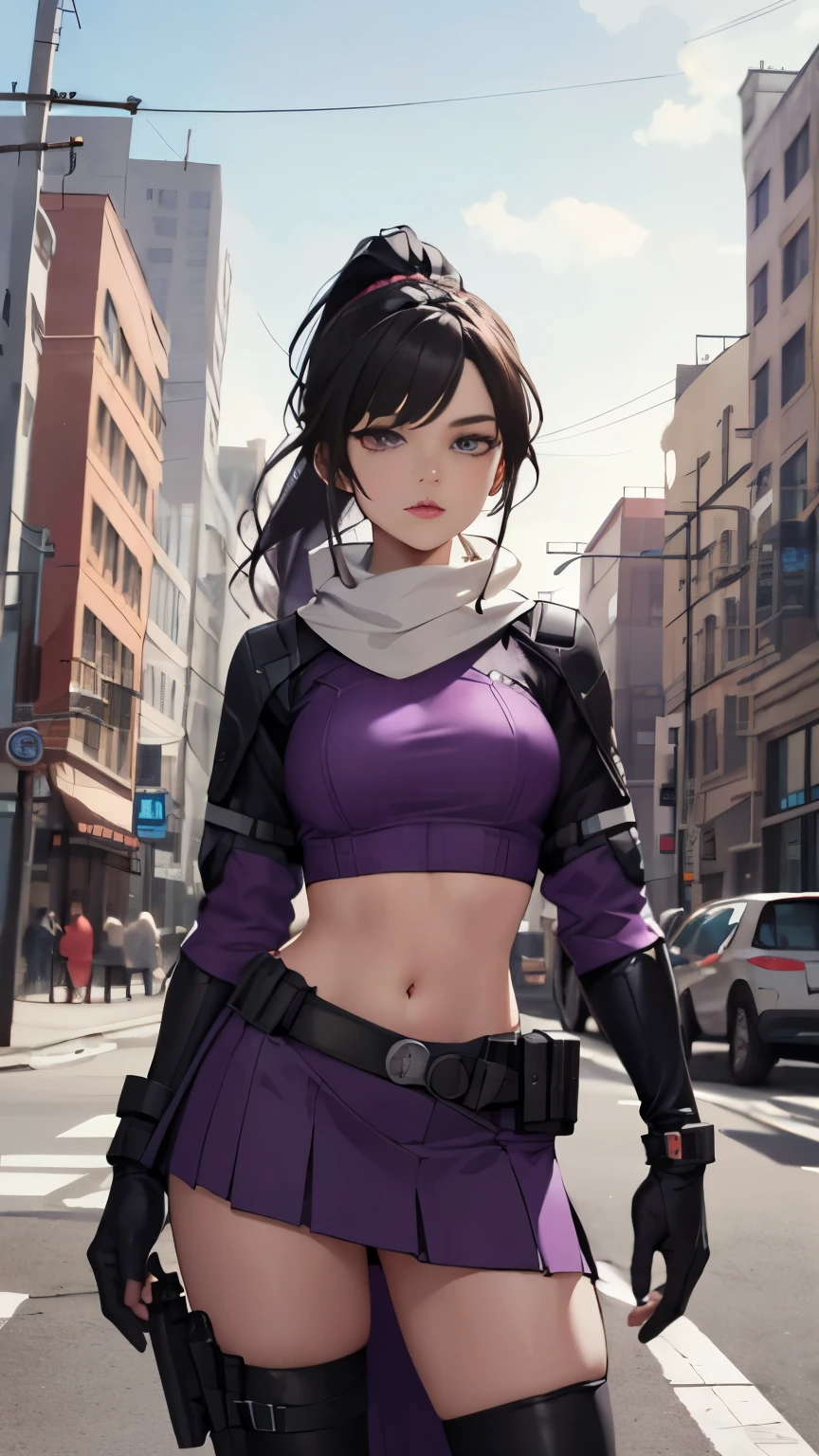 (Highly quality, masterpiece, detailed), city detailed scenario, city detailed background, solo, kateb2023, 1girl, purple outfit, purple top, white scarf, black hair, ponytail hair, bare arm, tactical, utility belt, purple glove, archer, bare midriff, half skirt, navel, perfect face, beautiful eyes, look at the viewer, Sexy pose