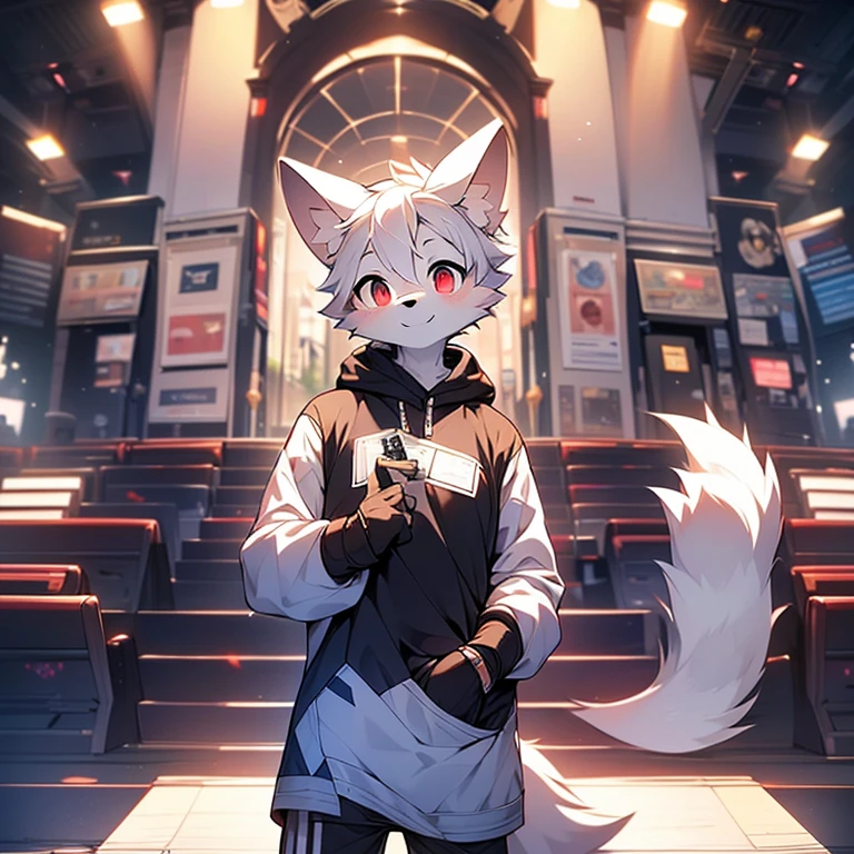 (16 year old boy)Beautiful and detailed portrait,white hair, 16K,standing,Stand sideways,Turn your head slightly towards the audience,There is a rectangular work ID card on the ,red pupils,white wolf big ears,White Wolf Tail,soft light lighting,Smile,Black sweatshirt,shorts