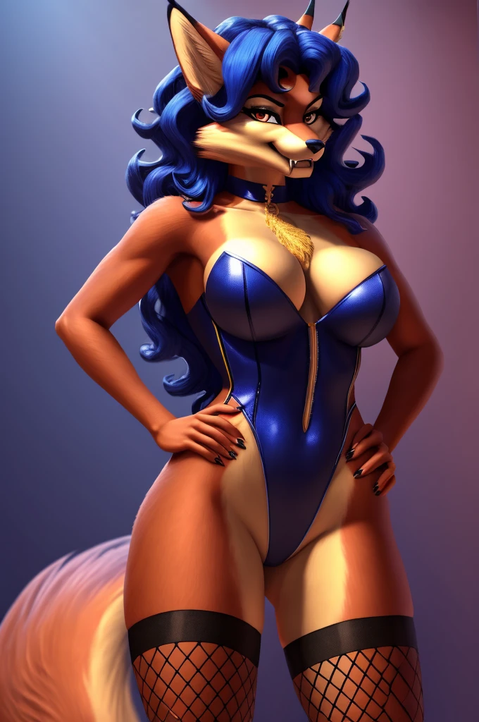 Carmelita Fox, chest, animal ears, cleavage, skin tight outfit, fangs, hand on hip, seductive, blue hair, simple background, playboy bunny costume, 1 piece costume, leg nets,1girl, highly detailed face, masterpiece, realistic, best quality, ultra detail, ultra high res, extreme detail, highres, 8k, uhd